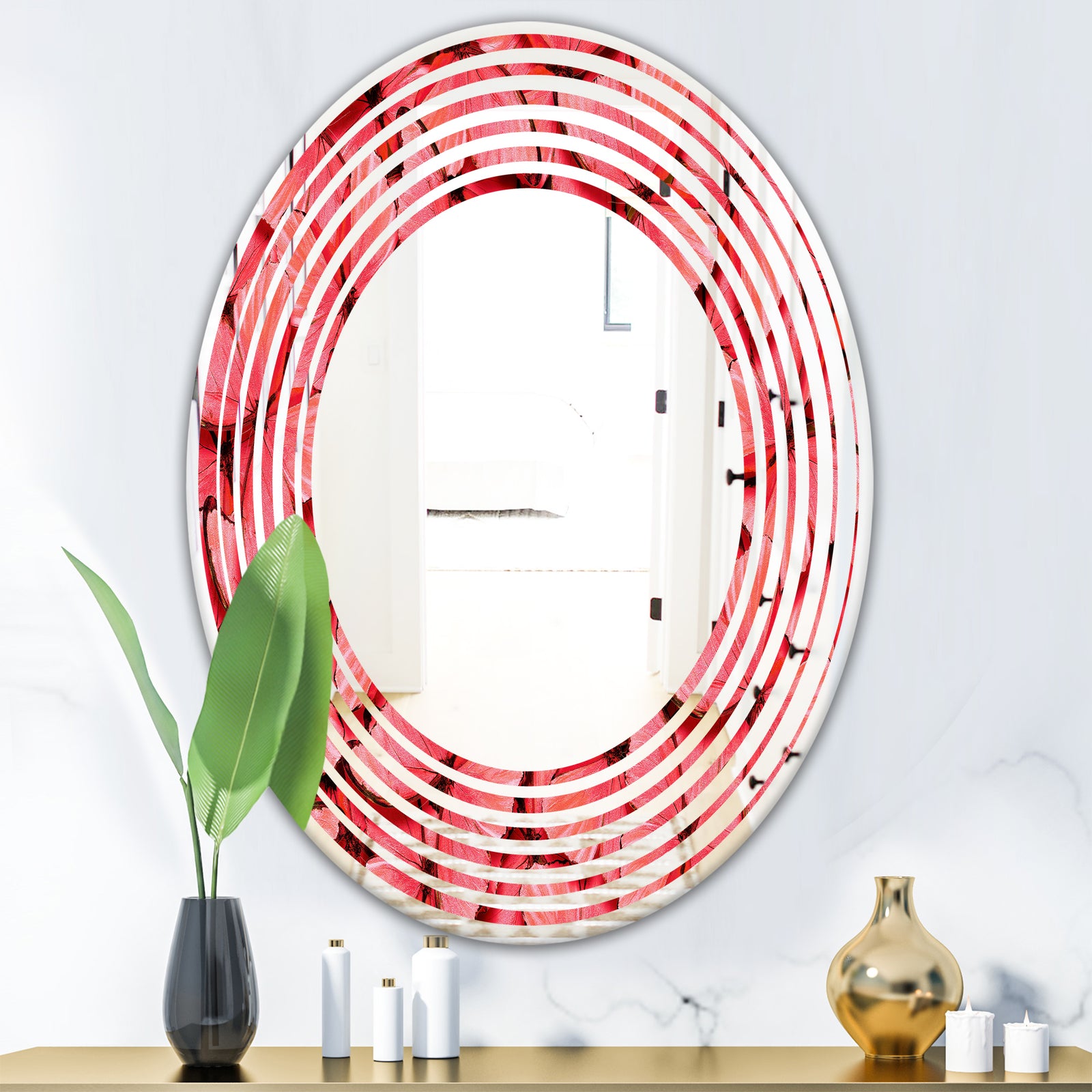 Coral Pink Butterflies - Modern Round or Oval Wall Mirror - Wave