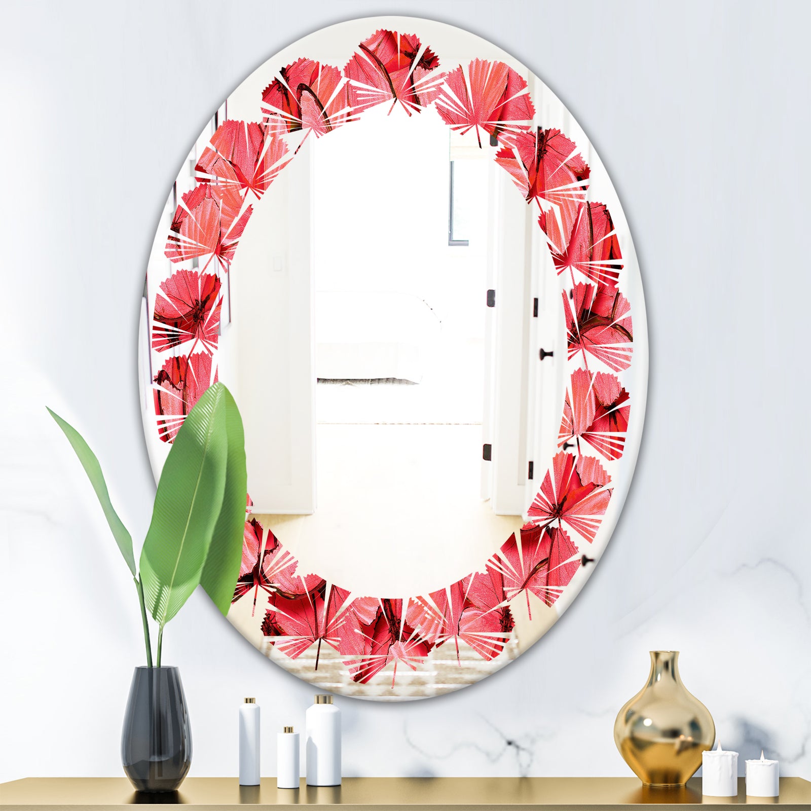 Coral Pink Butterflies - Modern Round or Oval Wall Mirror - Leaves
