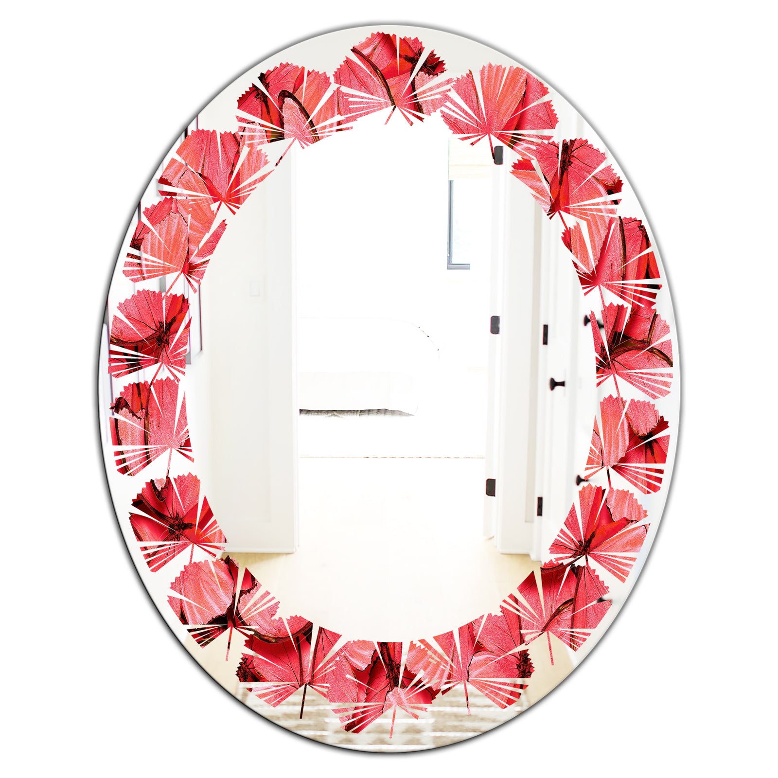 Coral Pink Butterflies - Modern Round or Oval Wall Mirror - Leaves