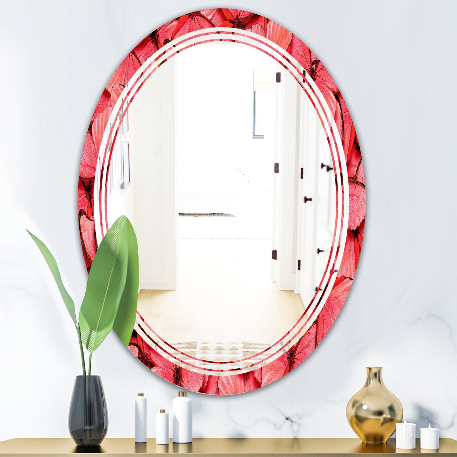 Coral Pink Butterflies - Modern Round or Oval Wall Mirror - Triple C