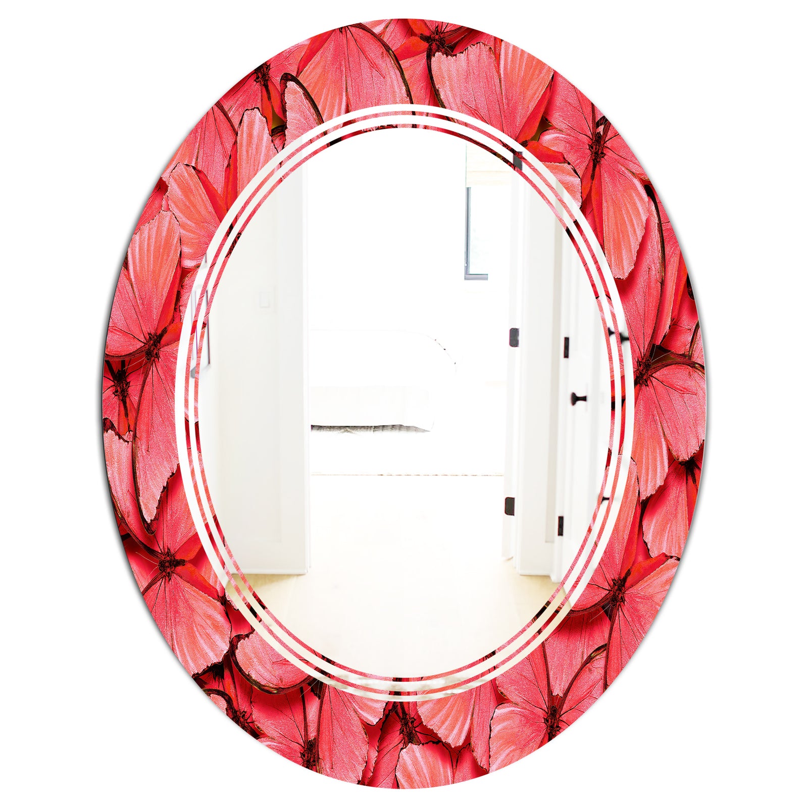 Coral Pink Butterflies - Modern Round or Oval Wall Mirror - Triple C