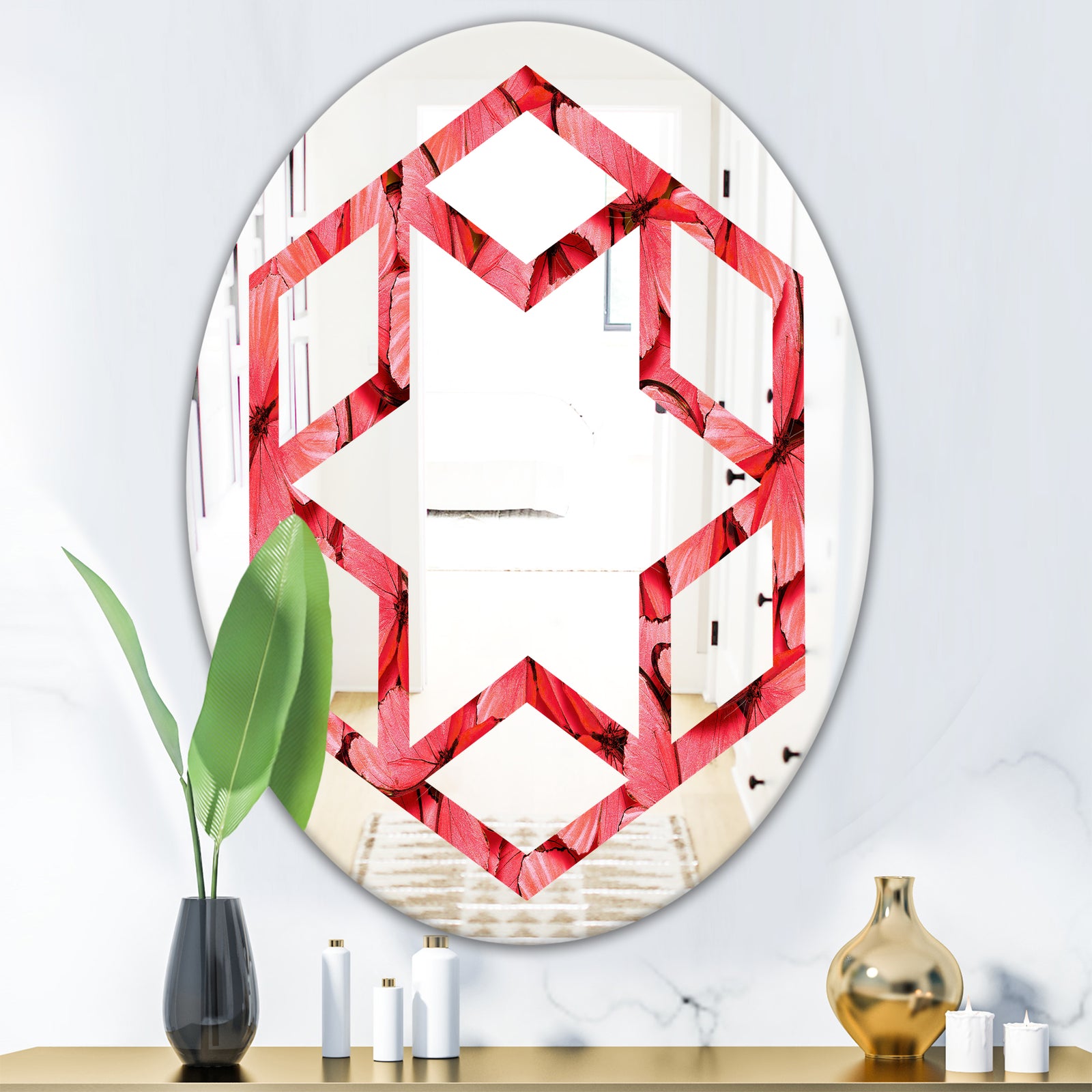 Coral Pink Butterflies - Modern Round or Oval Wall Mirror - Hexagon Star
