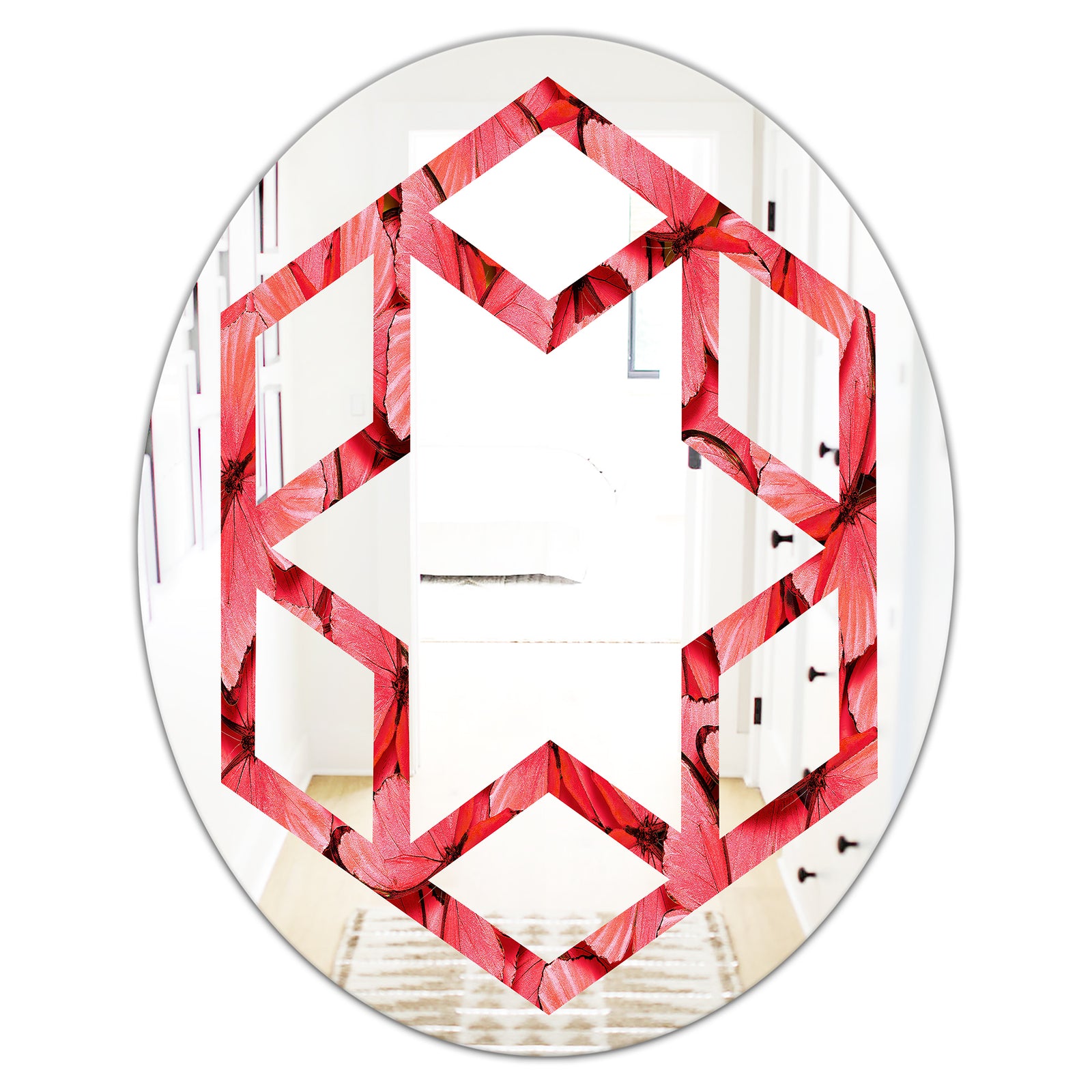 Coral Pink Butterflies - Modern Round or Oval Wall Mirror - Hexagon Star