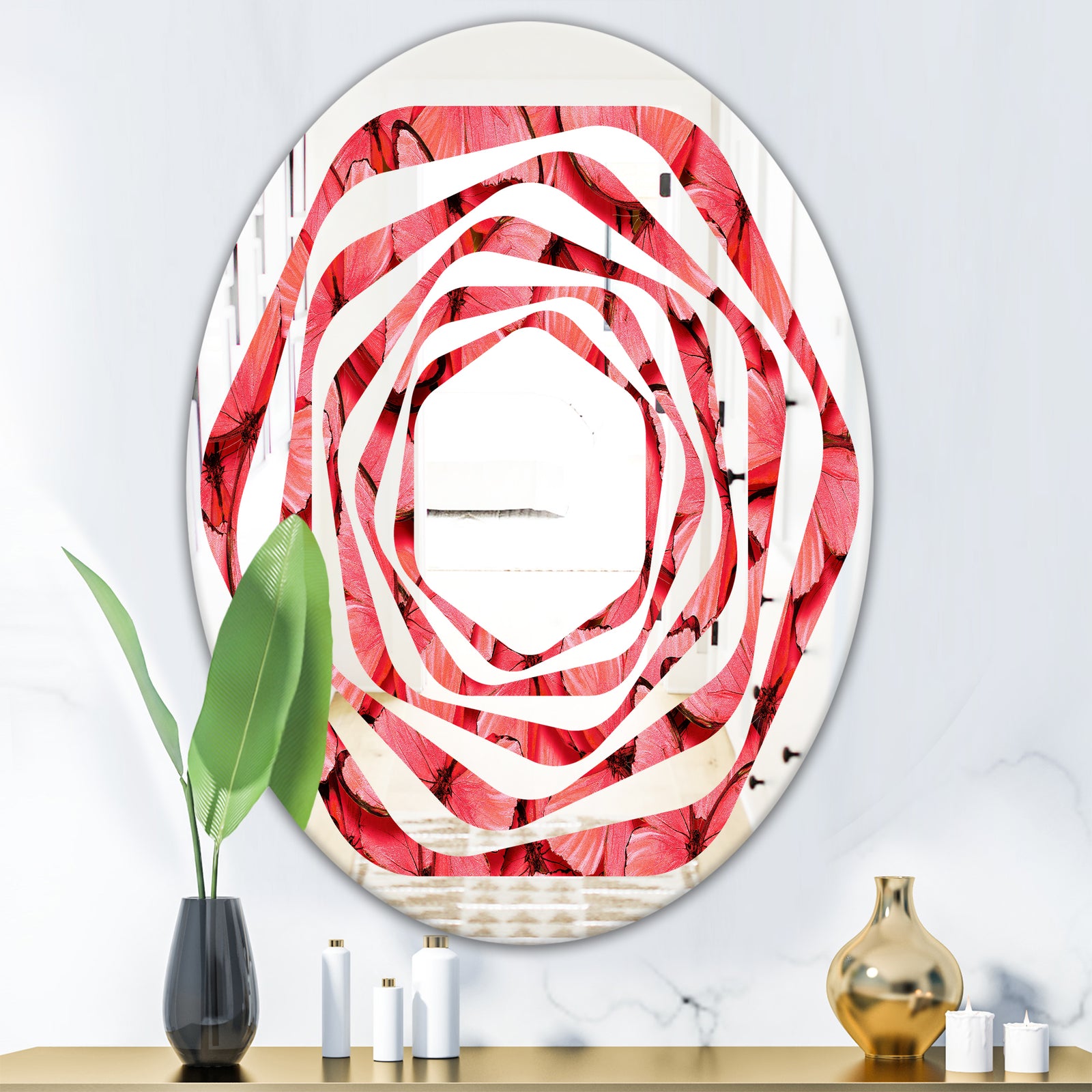 Coral Pink Butterflies - Modern Round or Oval Wall Mirror - Whirl