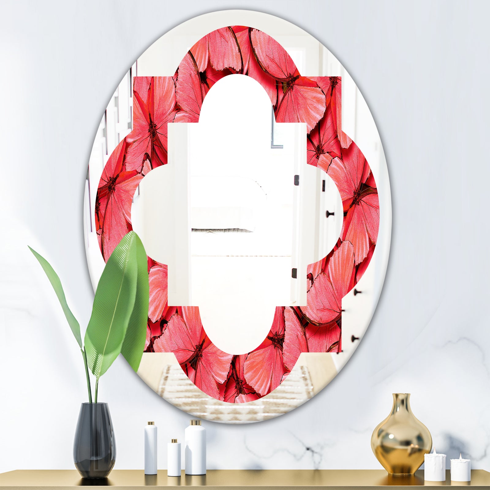 Coral Pink Butterflies - Modern Round or Oval Wall Mirror - Quatrefoil