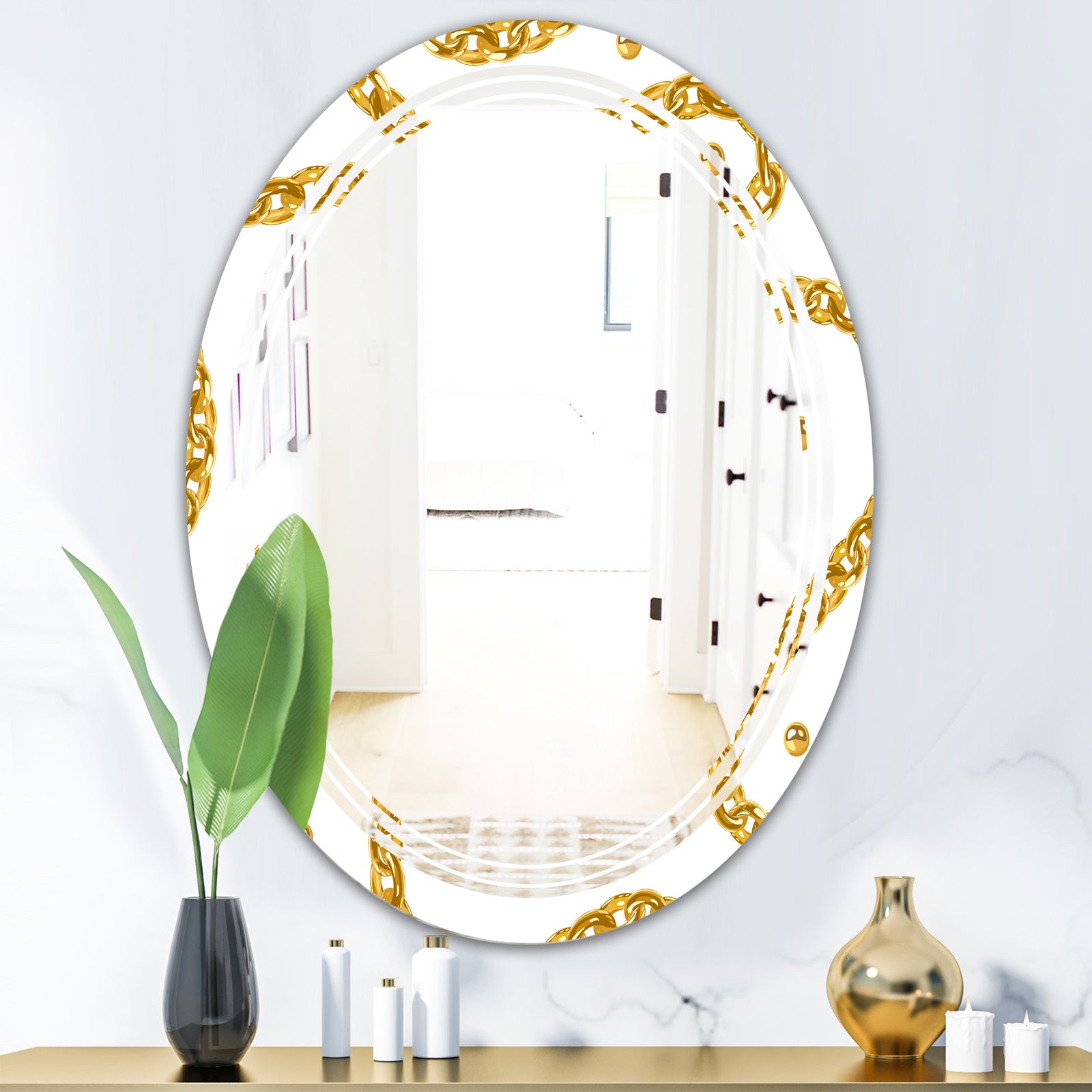 Golden Chain Necklace - Modern Round or Oval Wall Mirror - Triple C