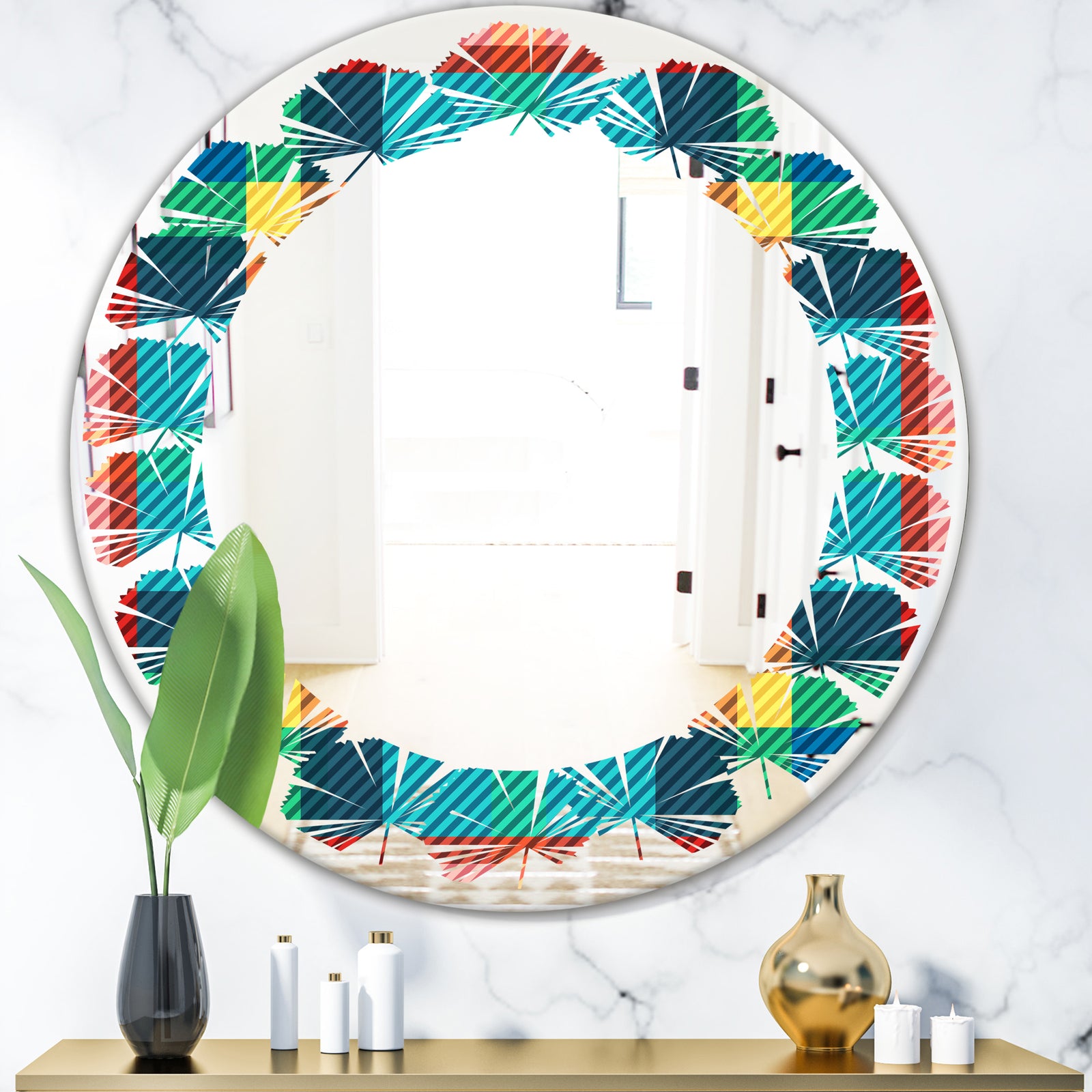 Tartan Geometrical Texture III - Modern Round or Oval Wall Mirror - Leaves
