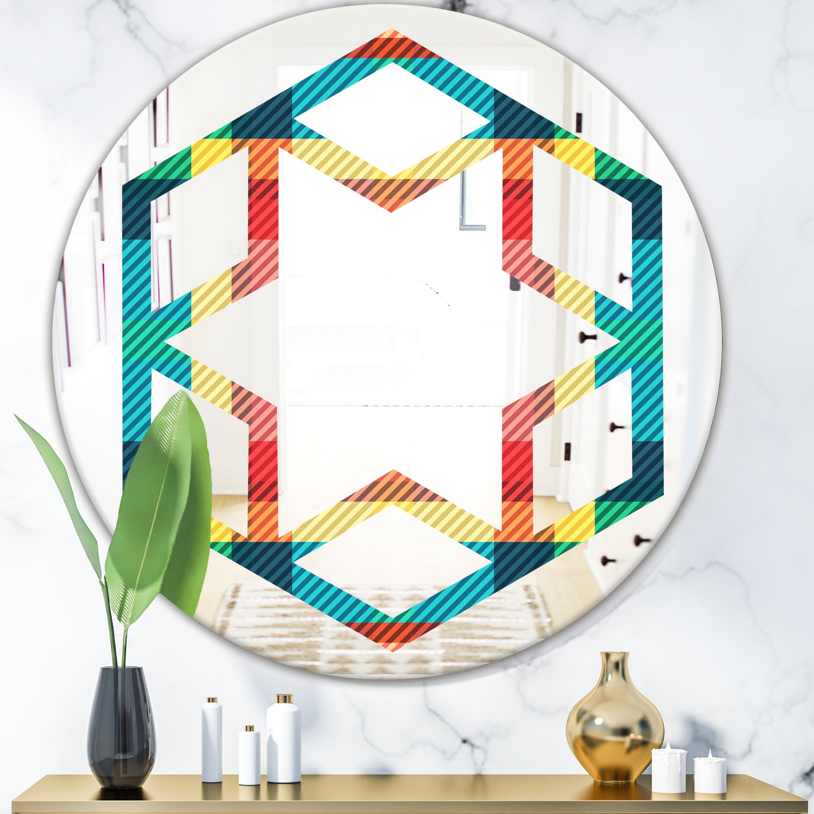 Tartan Geometrical Texture III - Modern Round or Oval Wall Mirror - Hexagon Star