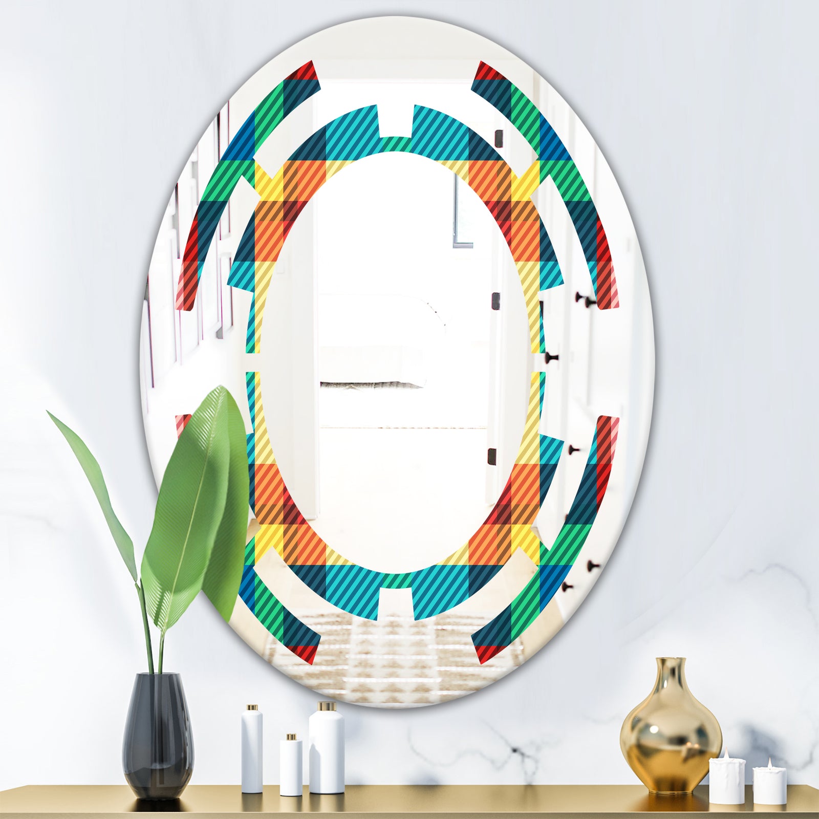 Tartan Geometrical Texture III - Modern Round or Oval Wall Mirror - Space