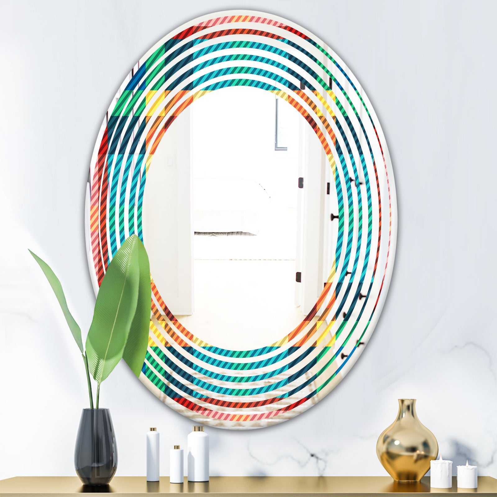 Tartan Geometrical Texture III - Modern Round or Oval Wall Mirror - Wave