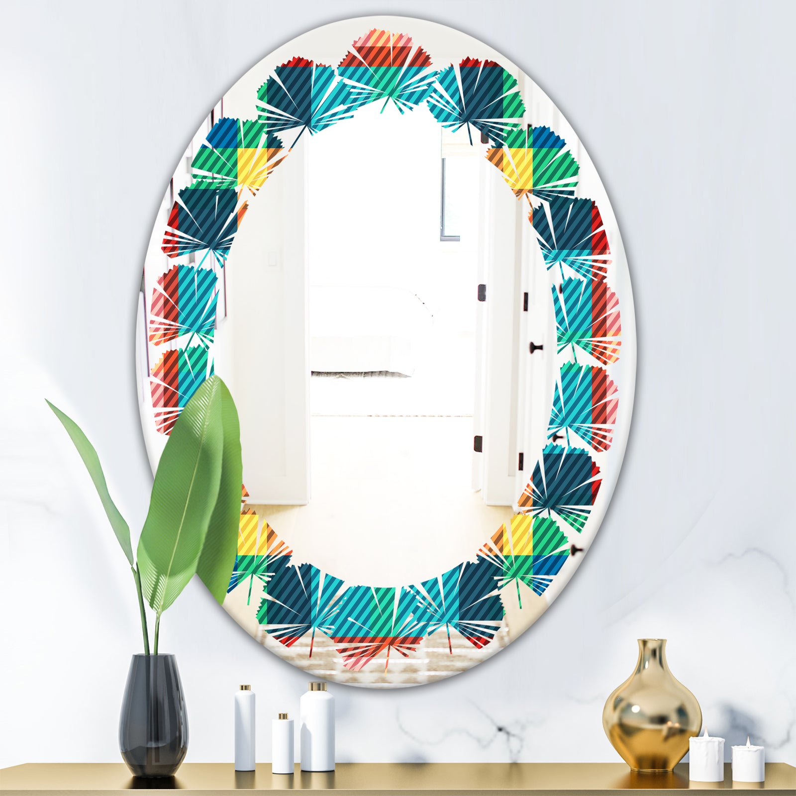 Tartan Geometrical Texture III - Modern Round or Oval Wall Mirror - Leaves