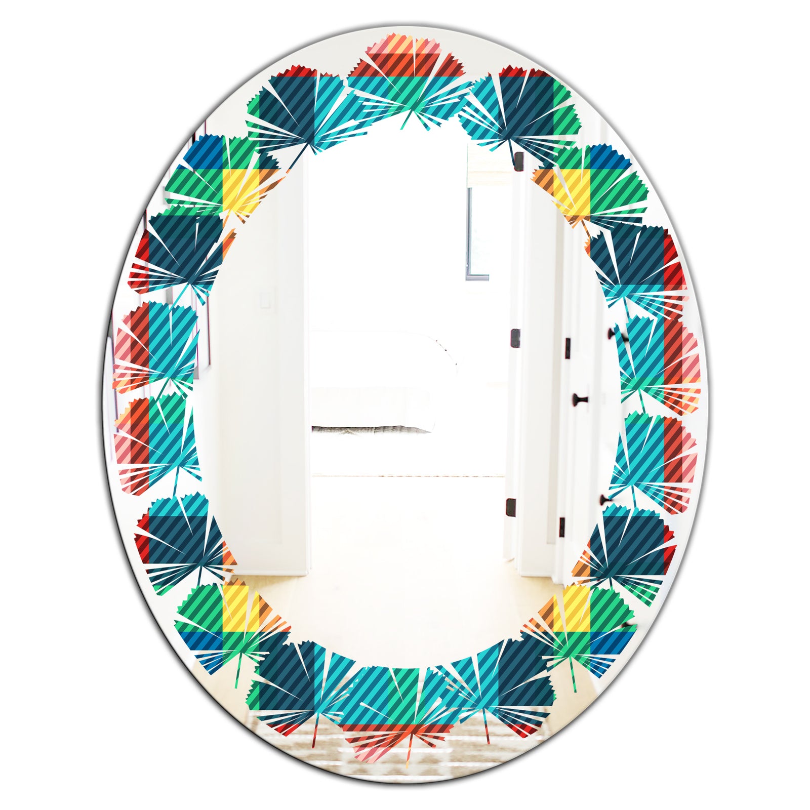 Tartan Geometrical Texture III - Modern Round or Oval Wall Mirror - Leaves