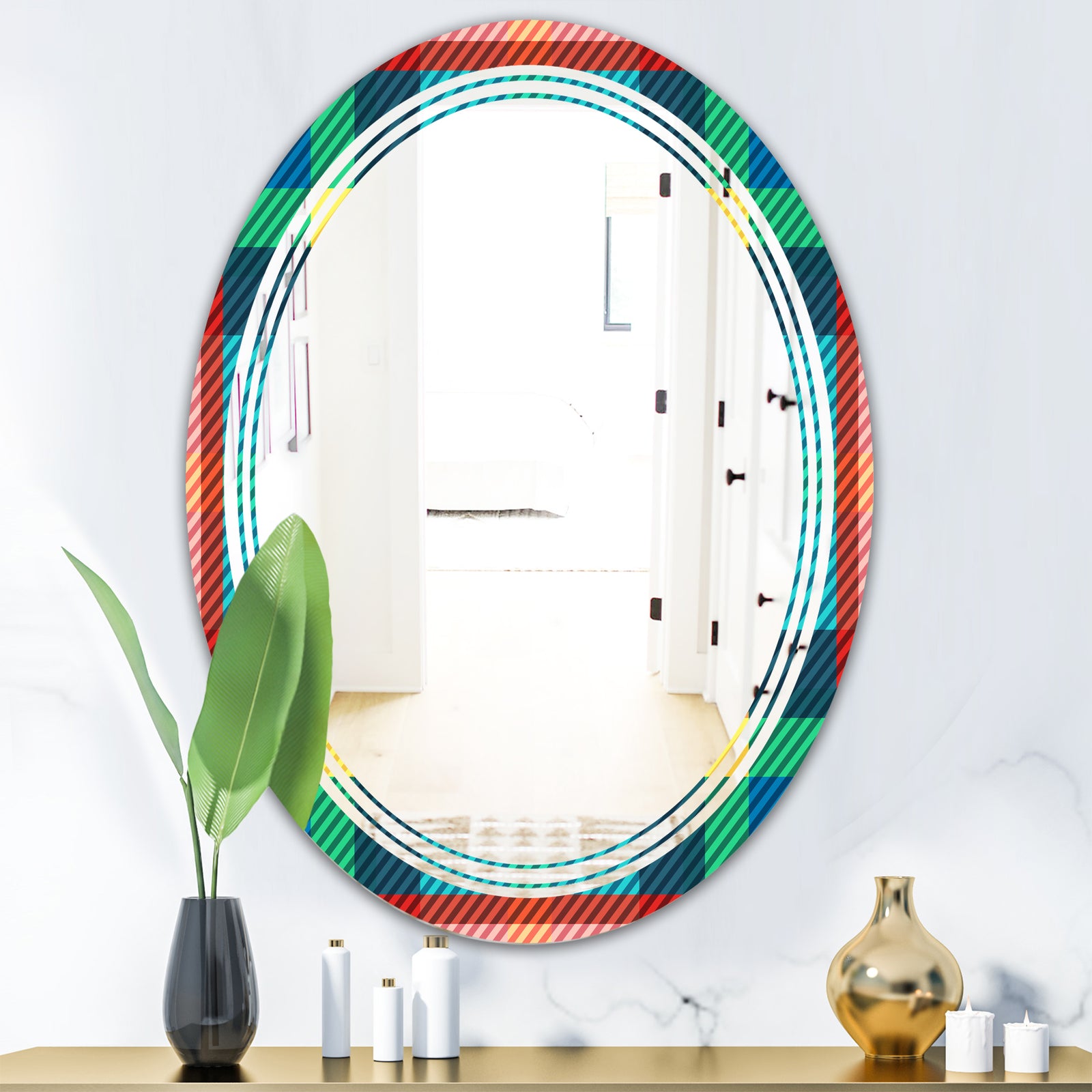 Tartan Geometrical Texture III - Modern Round or Oval Wall Mirror - Triple C
