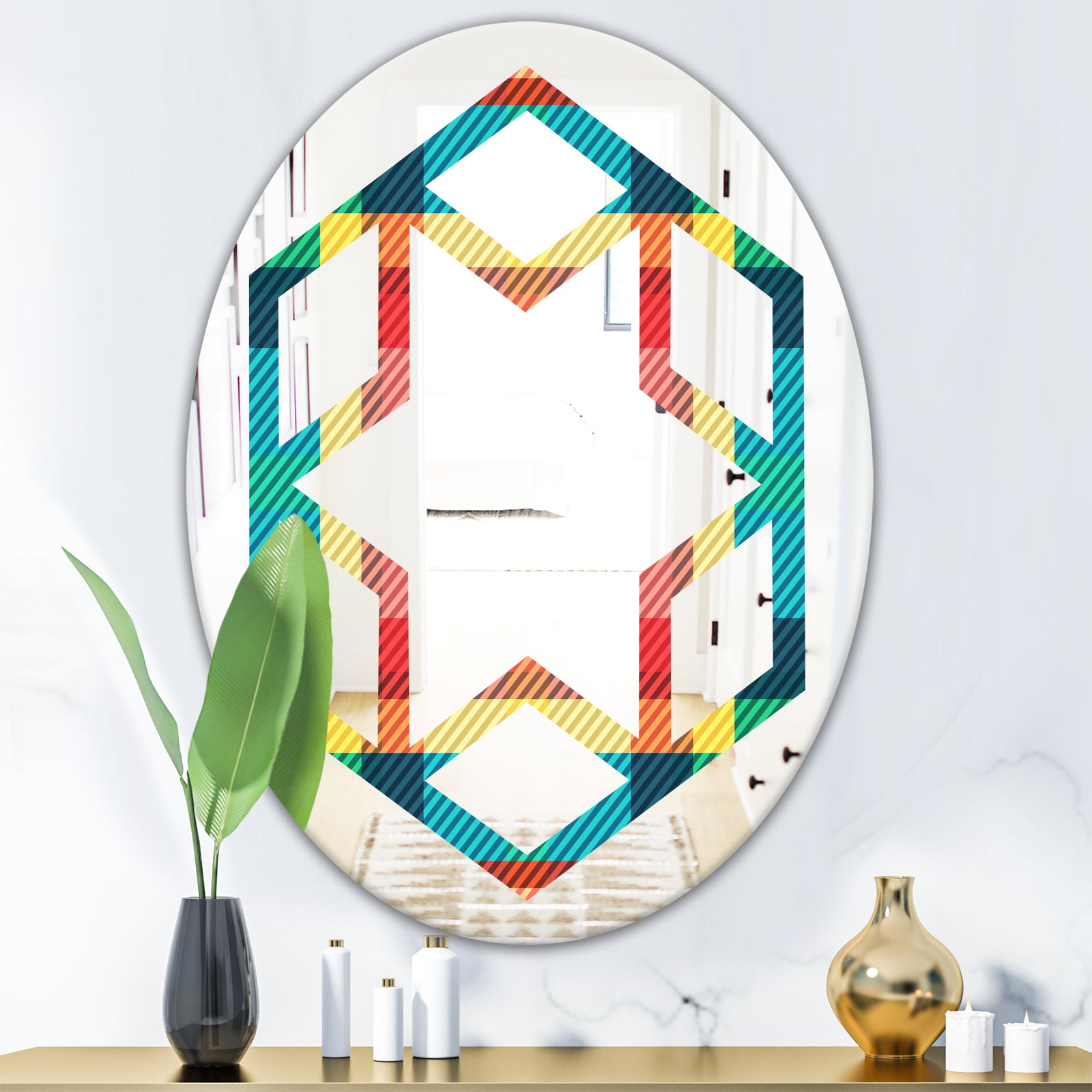 Tartan Geometrical Texture III - Modern Round or Oval Wall Mirror - Hexagon Star