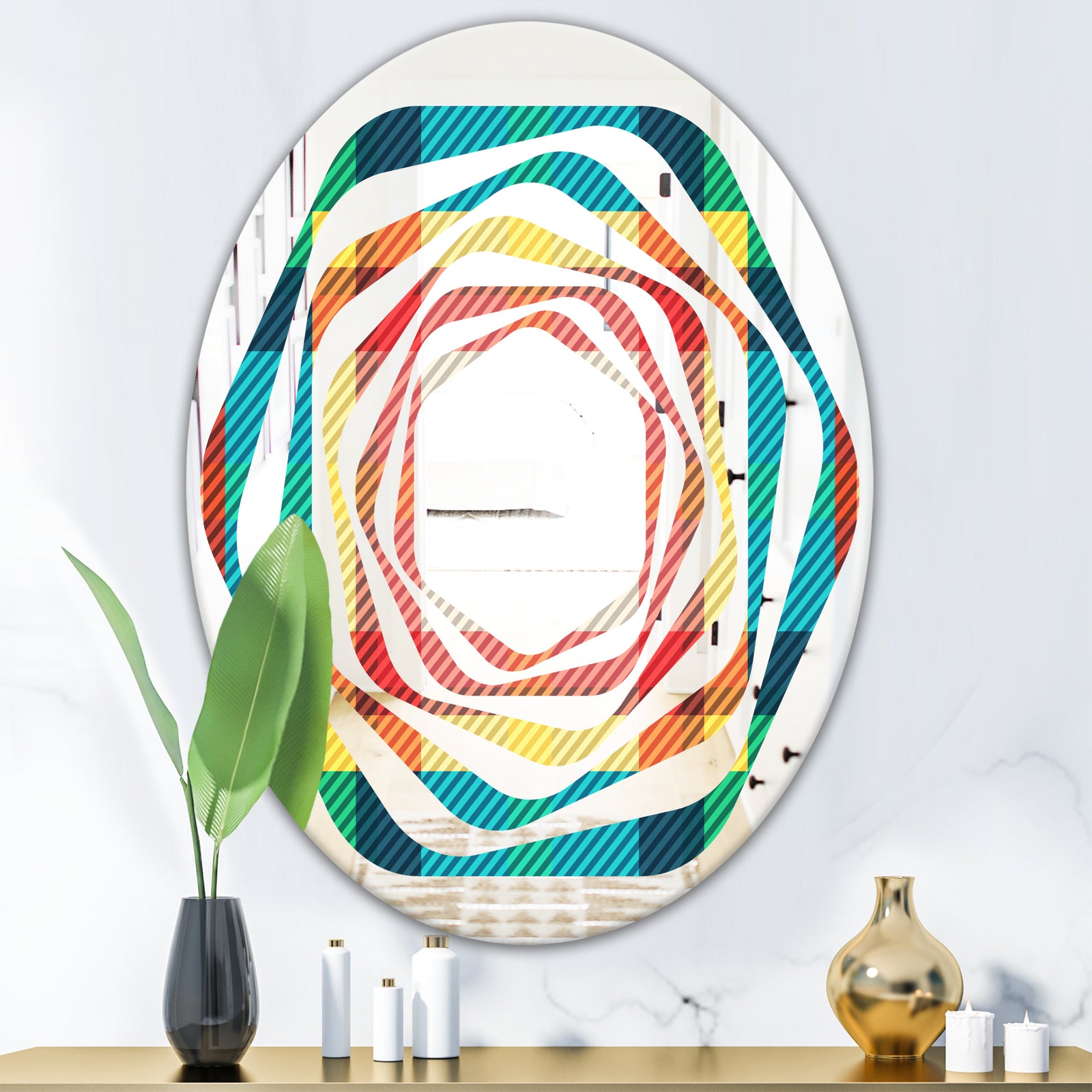 Tartan Geometrical Texture III - Modern Round or Oval Wall Mirror - Whirl