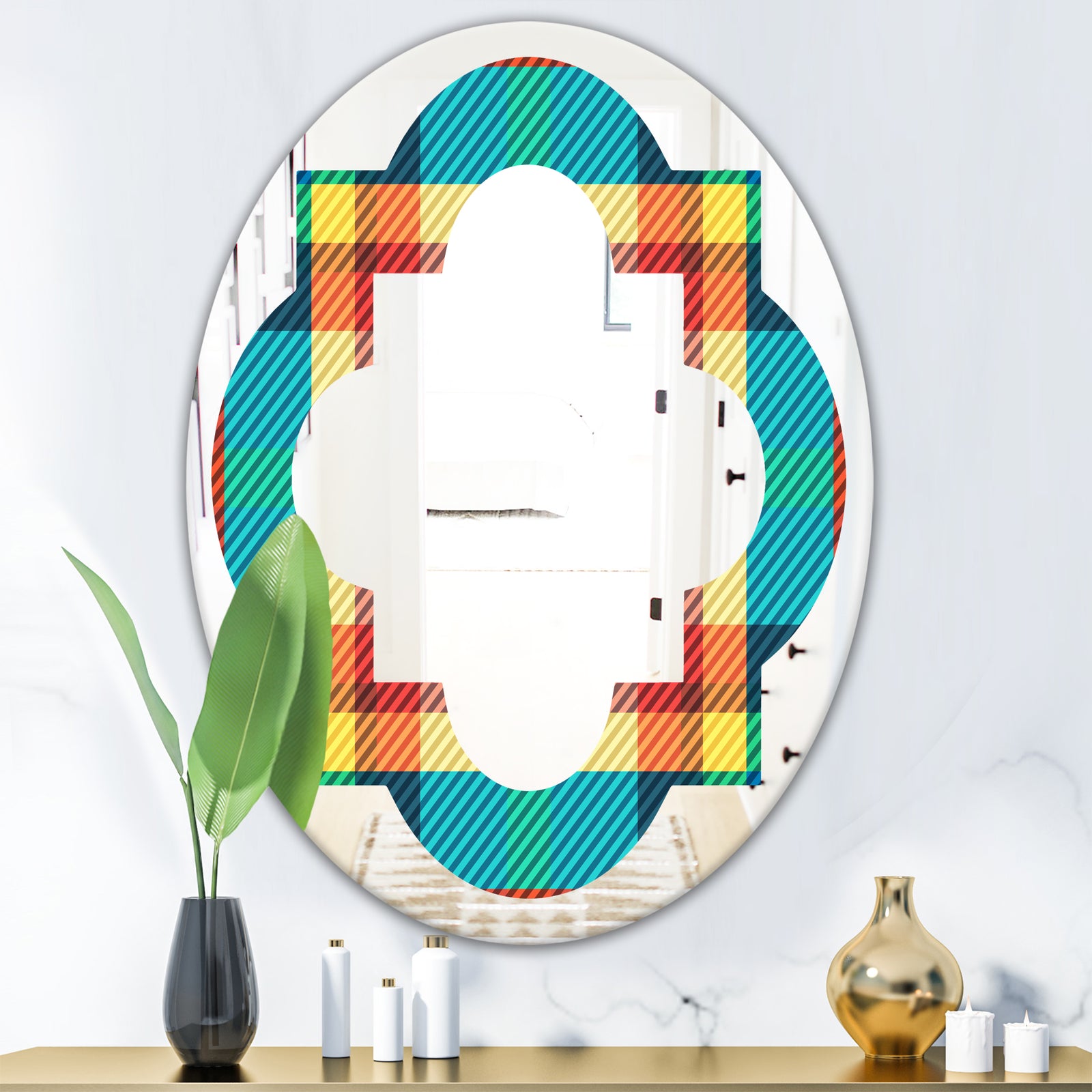 Tartan Geometrical Texture III - Modern Round or Oval Wall Mirror - Quatrefoil