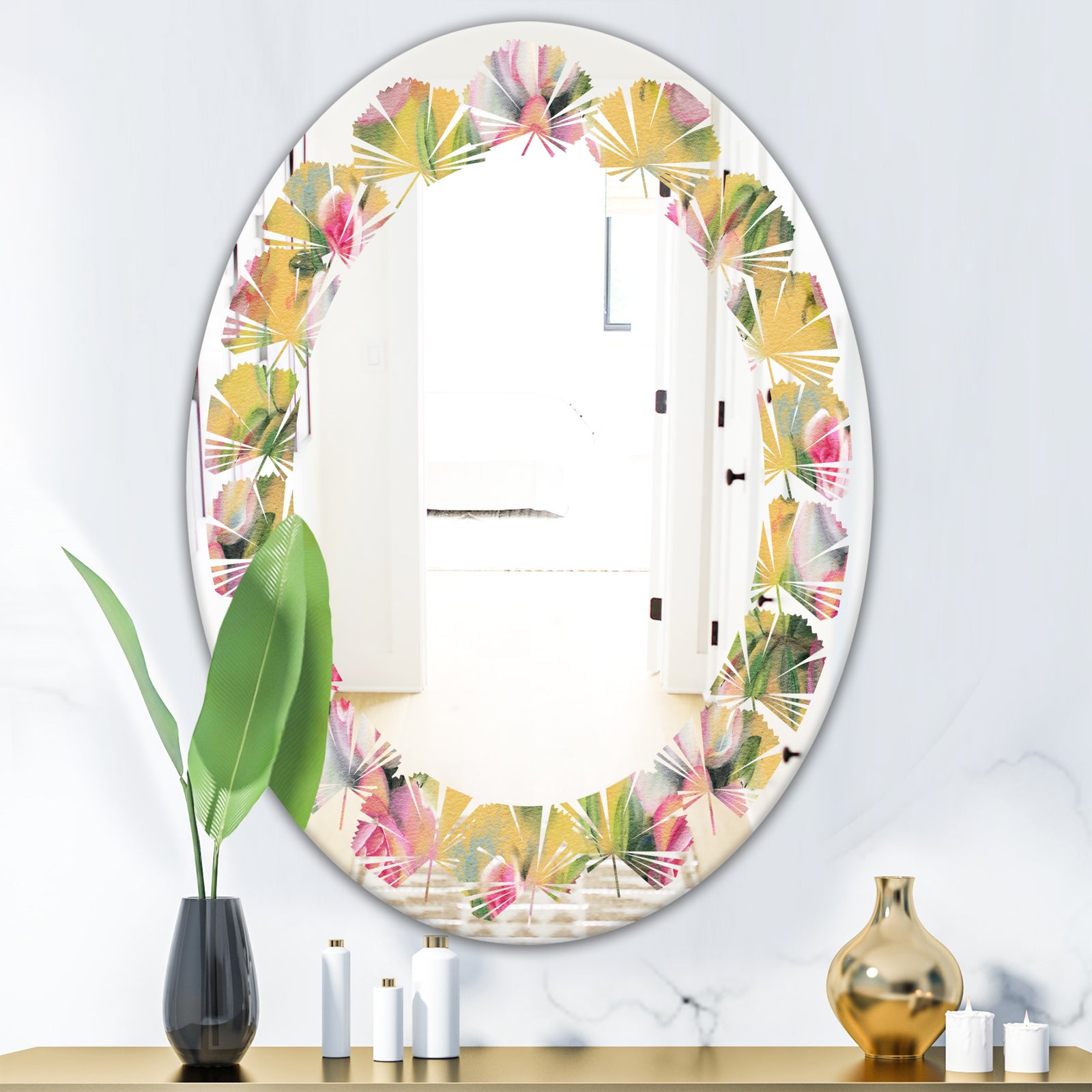 Hand - Modern Round or Oval Wall Mirror - Leaves