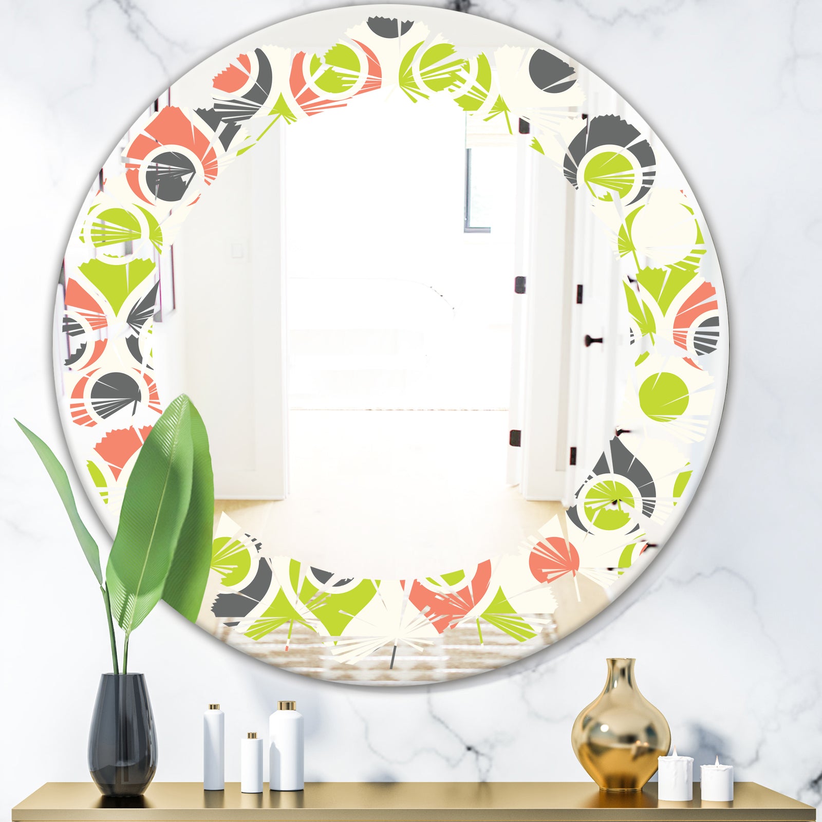 Retro Abstract Drops II - Modern Round or Oval Wall Mirror - Leaves
