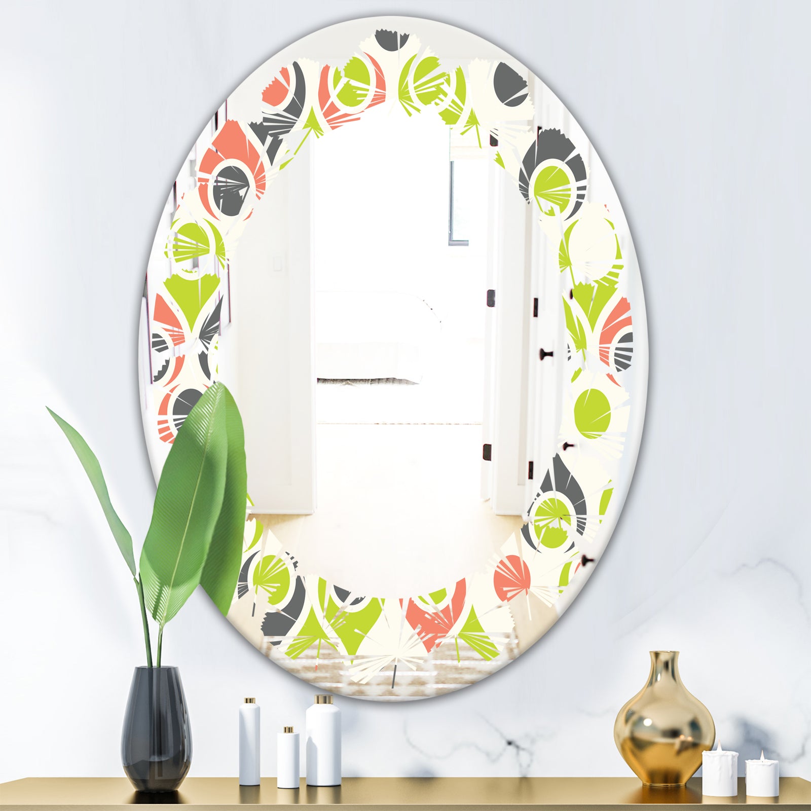 Retro Abstract Drops II - Modern Round or Oval Wall Mirror - Leaves