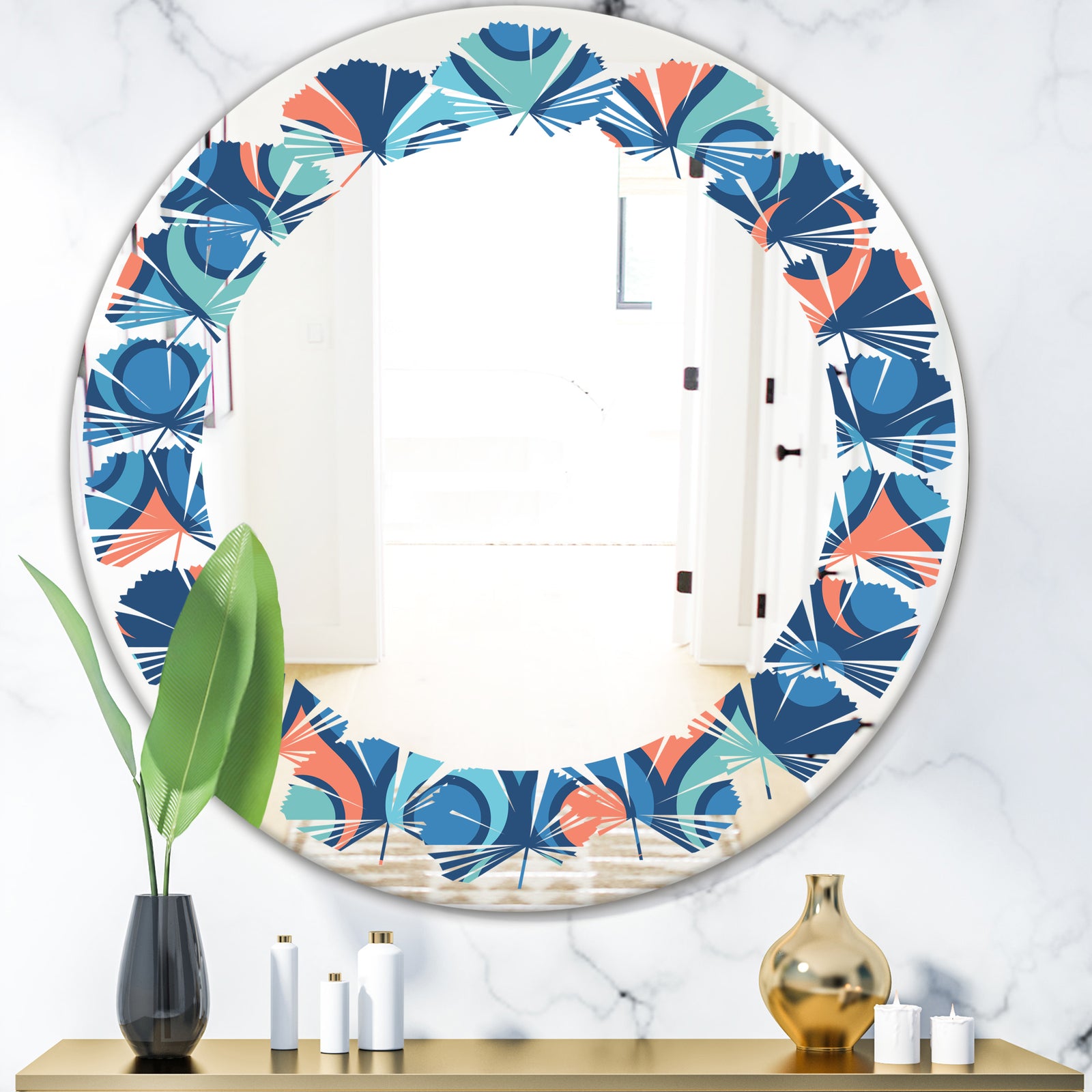 Retro Abstract Drops X - Modern Round or Oval Wall Mirror - Leaves