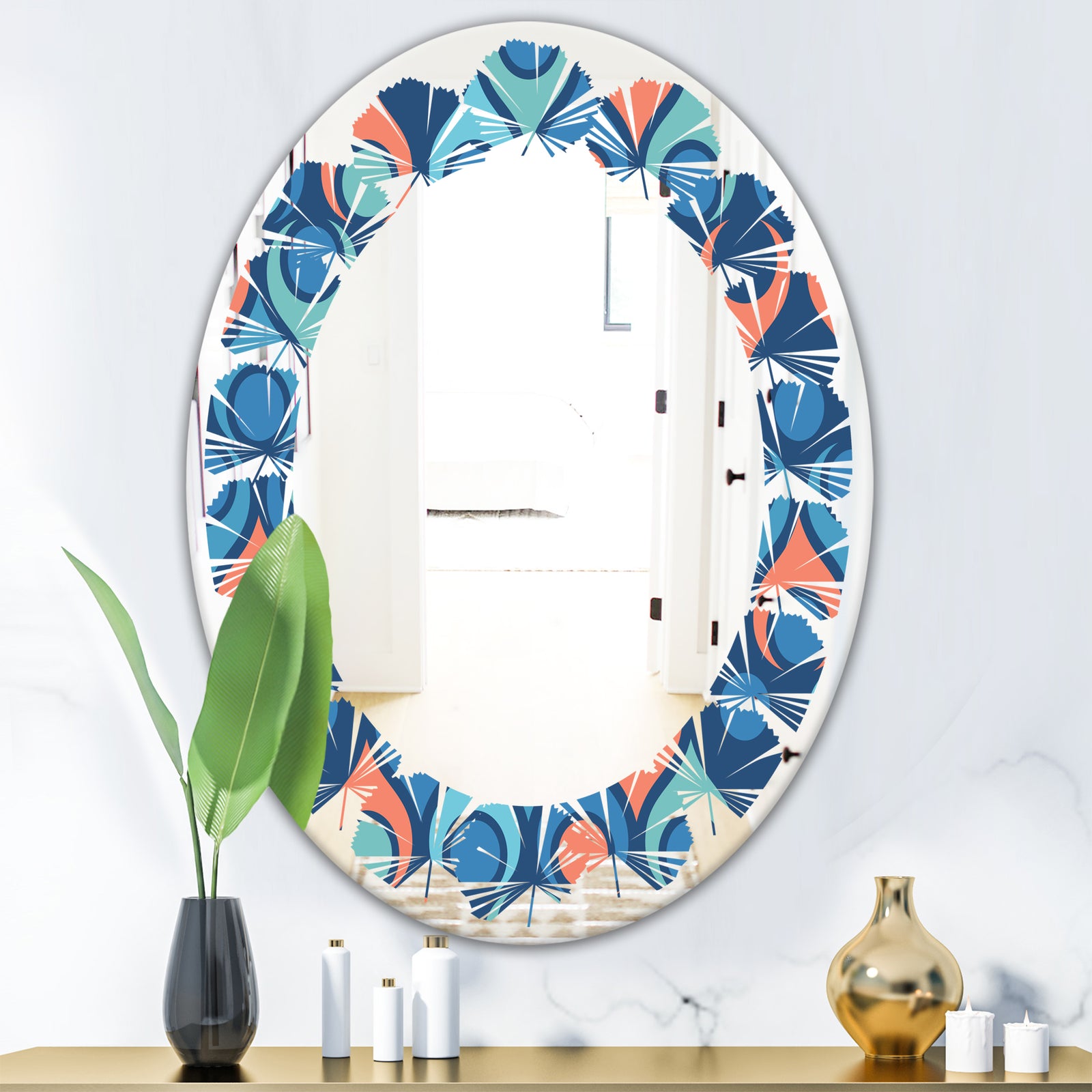 Retro Abstract Drops X - Modern Round or Oval Wall Mirror - Leaves