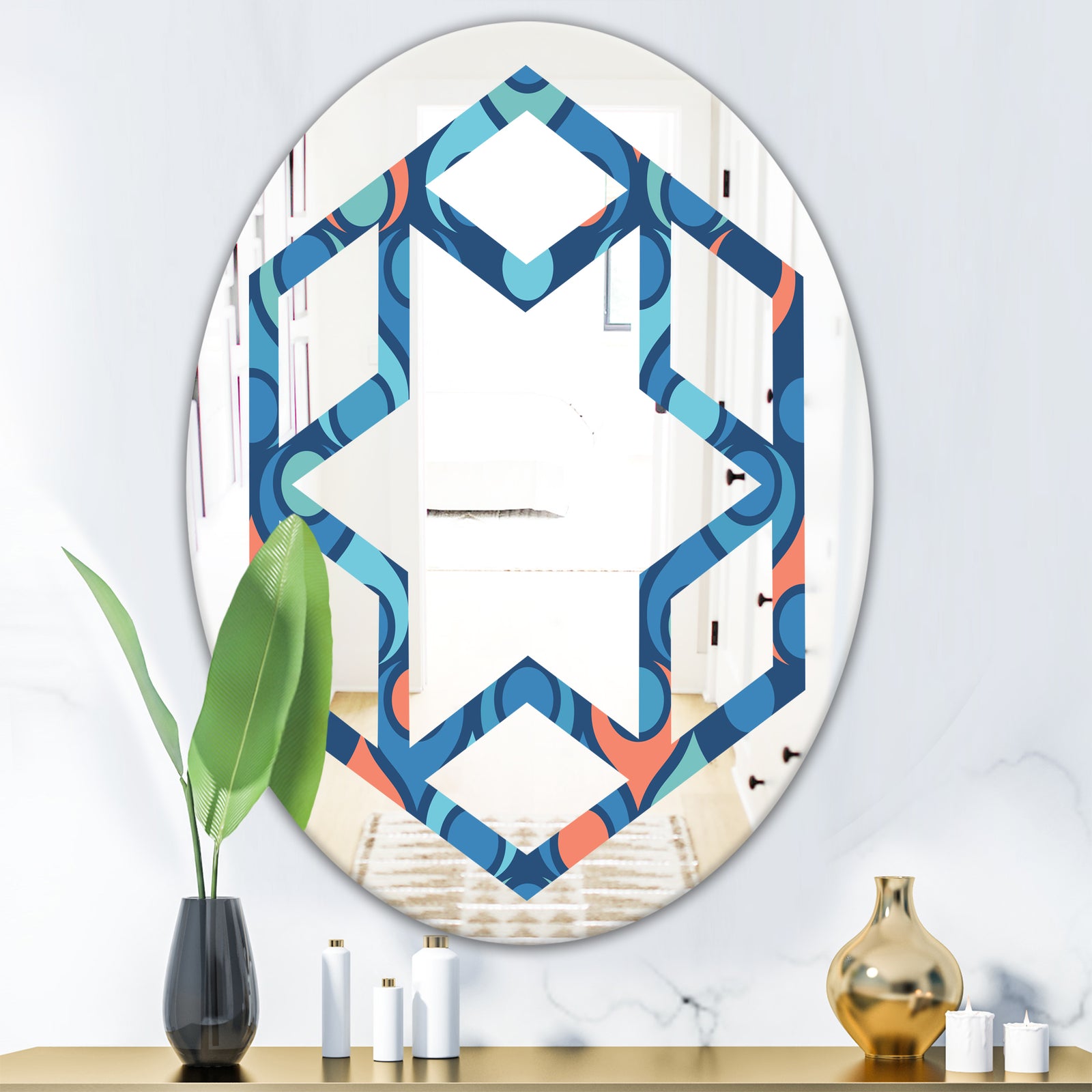 Retro Abstract Drops X - Modern Round or Oval Wall Mirror - Hexagon Star