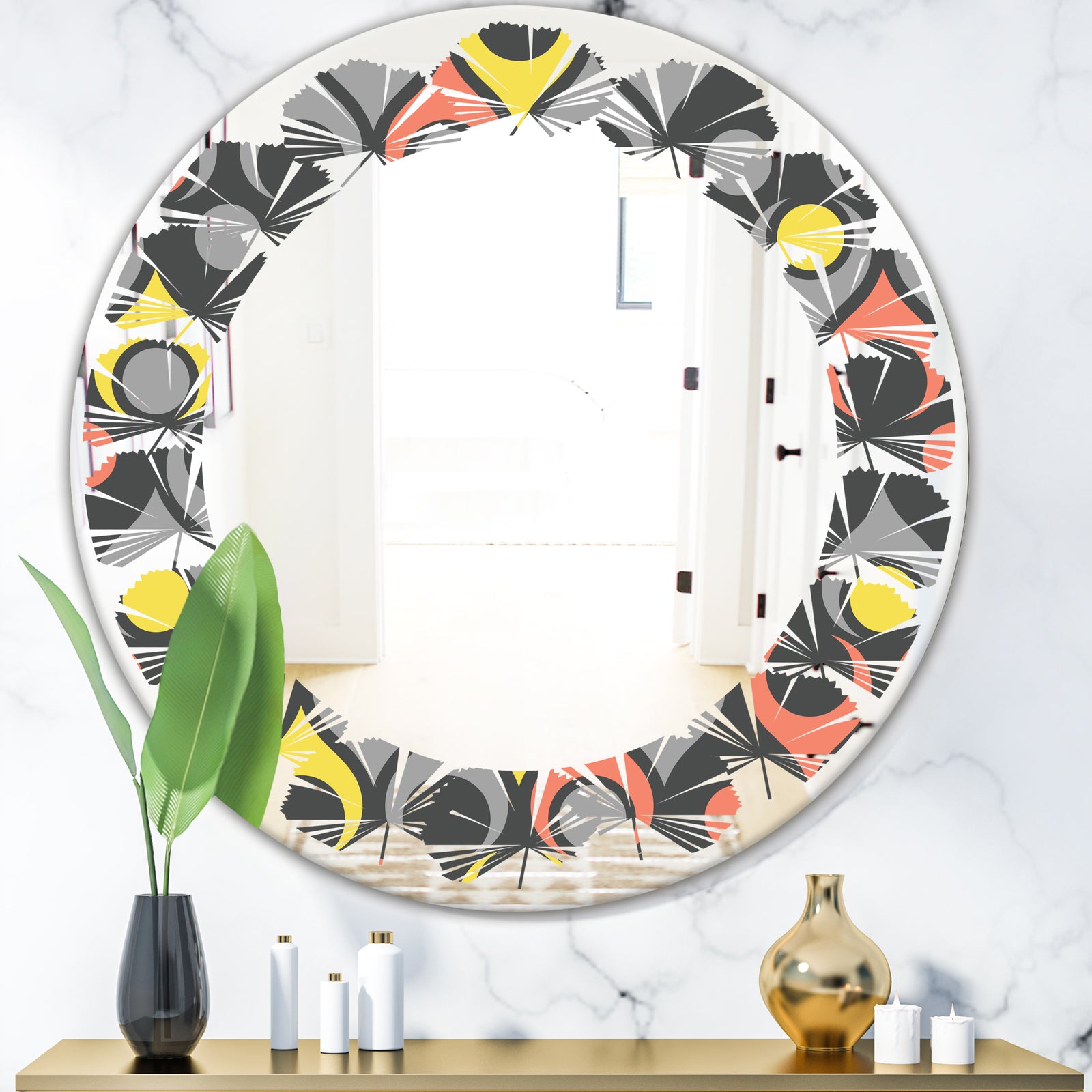Retro Abstract Drops I - Modern Round or Oval Wall Mirror - Leaves