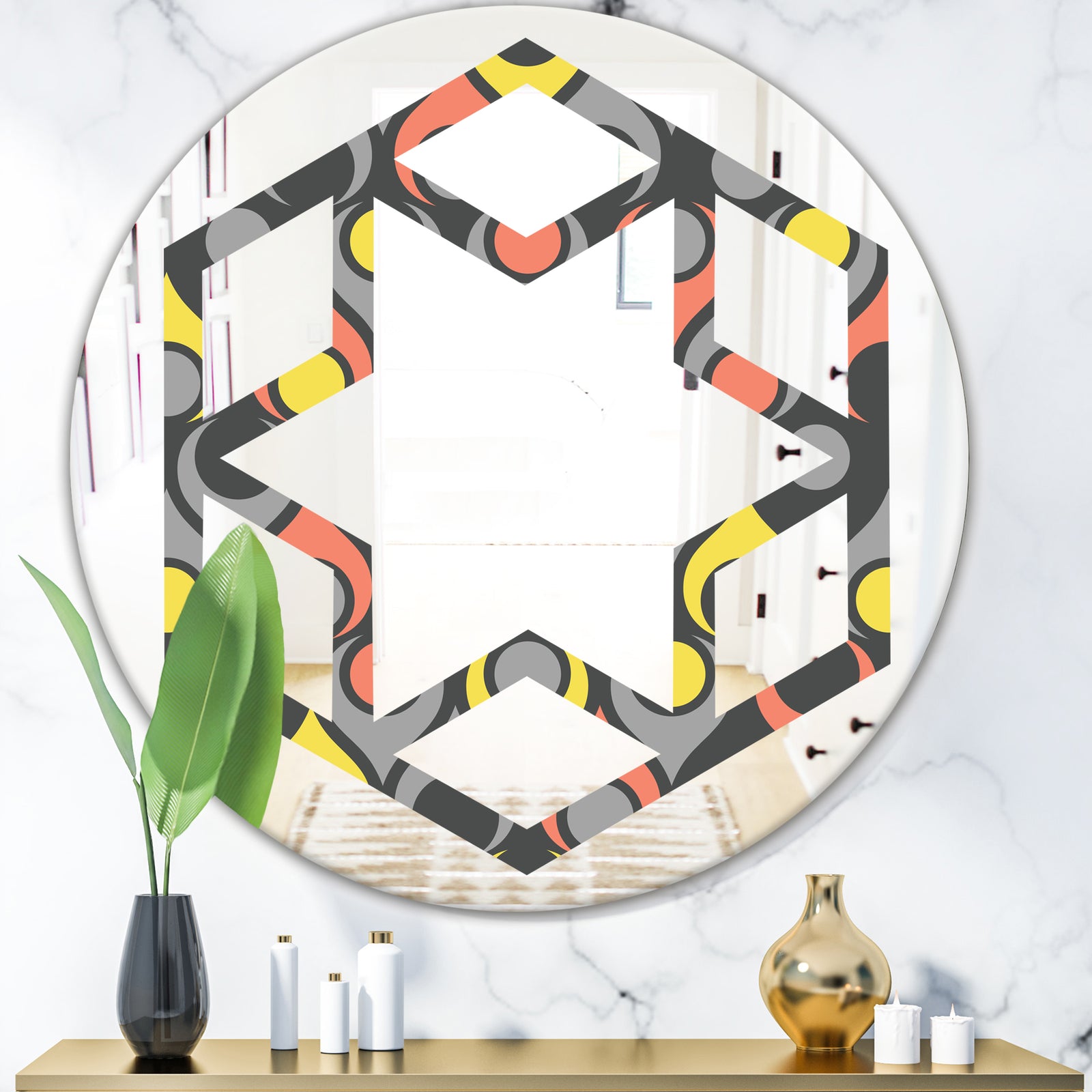 Retro Abstract Drops I - Modern Round or Oval Wall Mirror - Hexagon Star