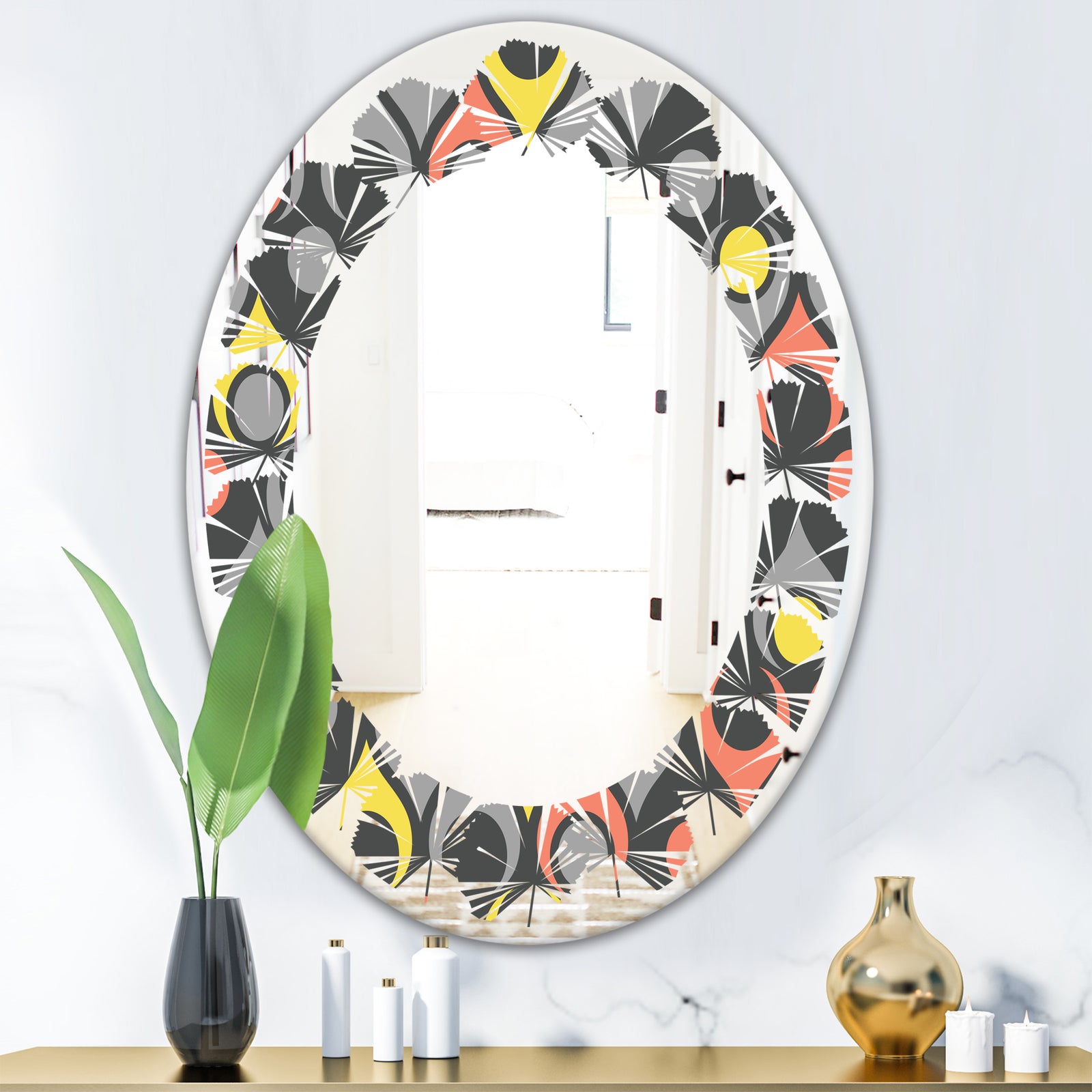 Retro Abstract Drops I - Modern Round or Oval Wall Mirror - Leaves