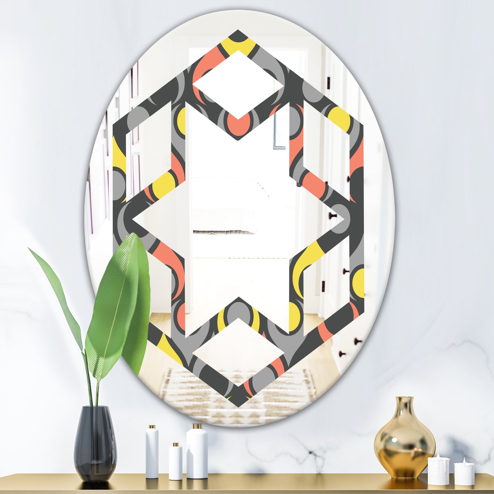 Retro Abstract Drops I - Modern Round or Oval Wall Mirror - Hexagon Star