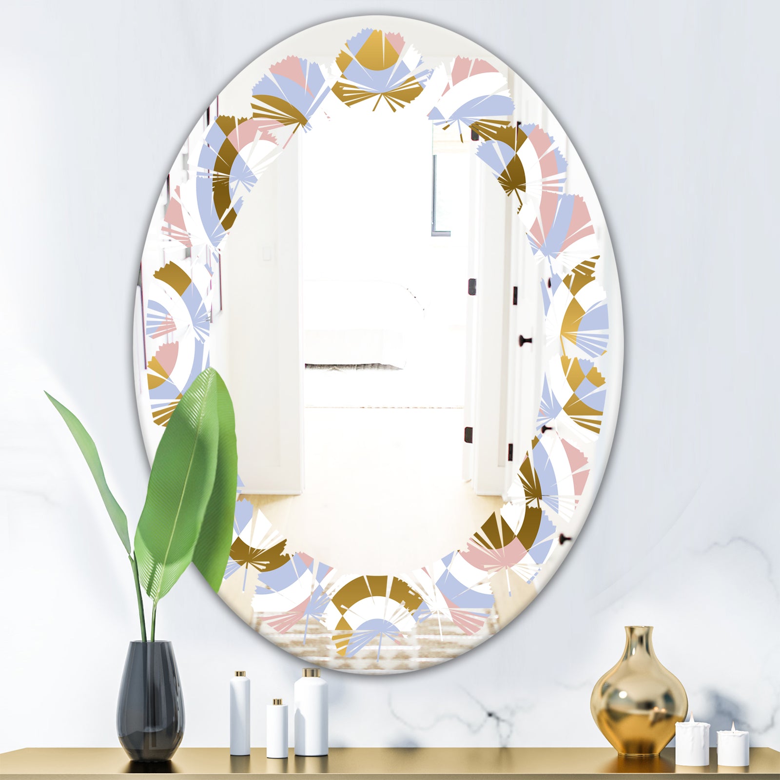 Circular geometric shapes pattern - Modern Round or Oval Wall Mirror - Leaves