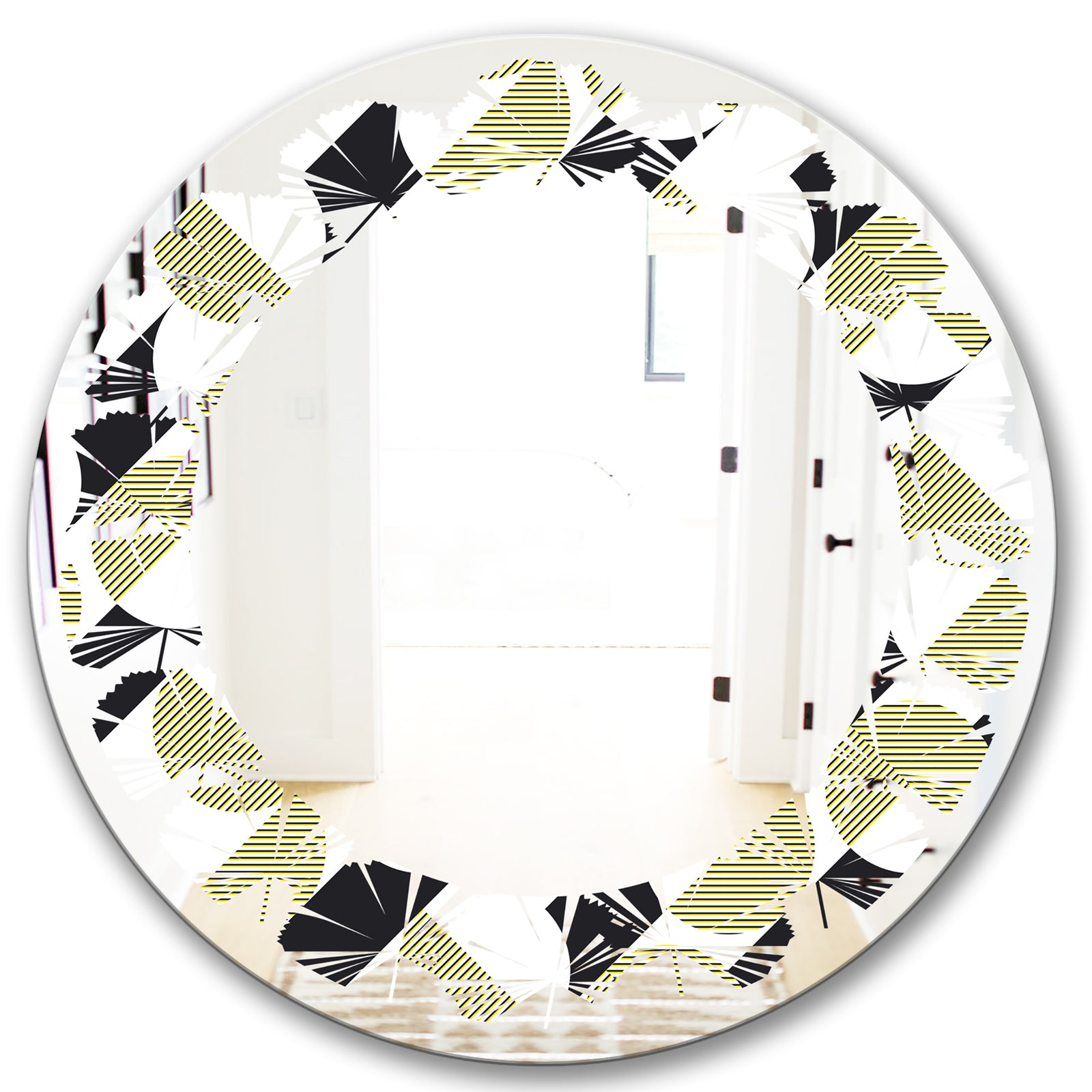 Circular Abstract Retro Geometric II - Modern Round or Oval Wall Mirror - Leaves