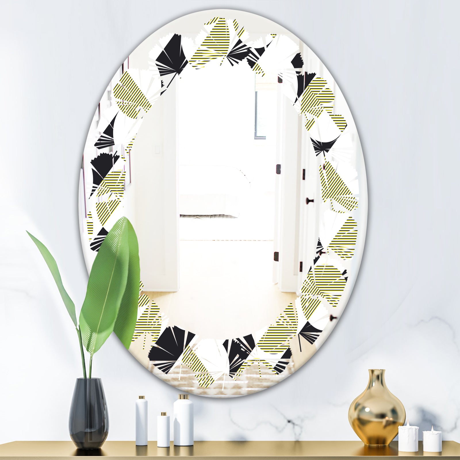 Circular Abstract Retro Geometric II - Modern Round or Oval Wall Mirror - Leaves