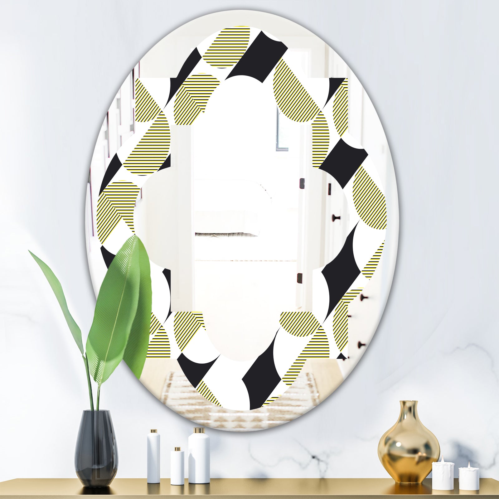 Circular Abstract Retro Geometric II - Modern Round or Oval Wall Mirror - Quatrefoil
