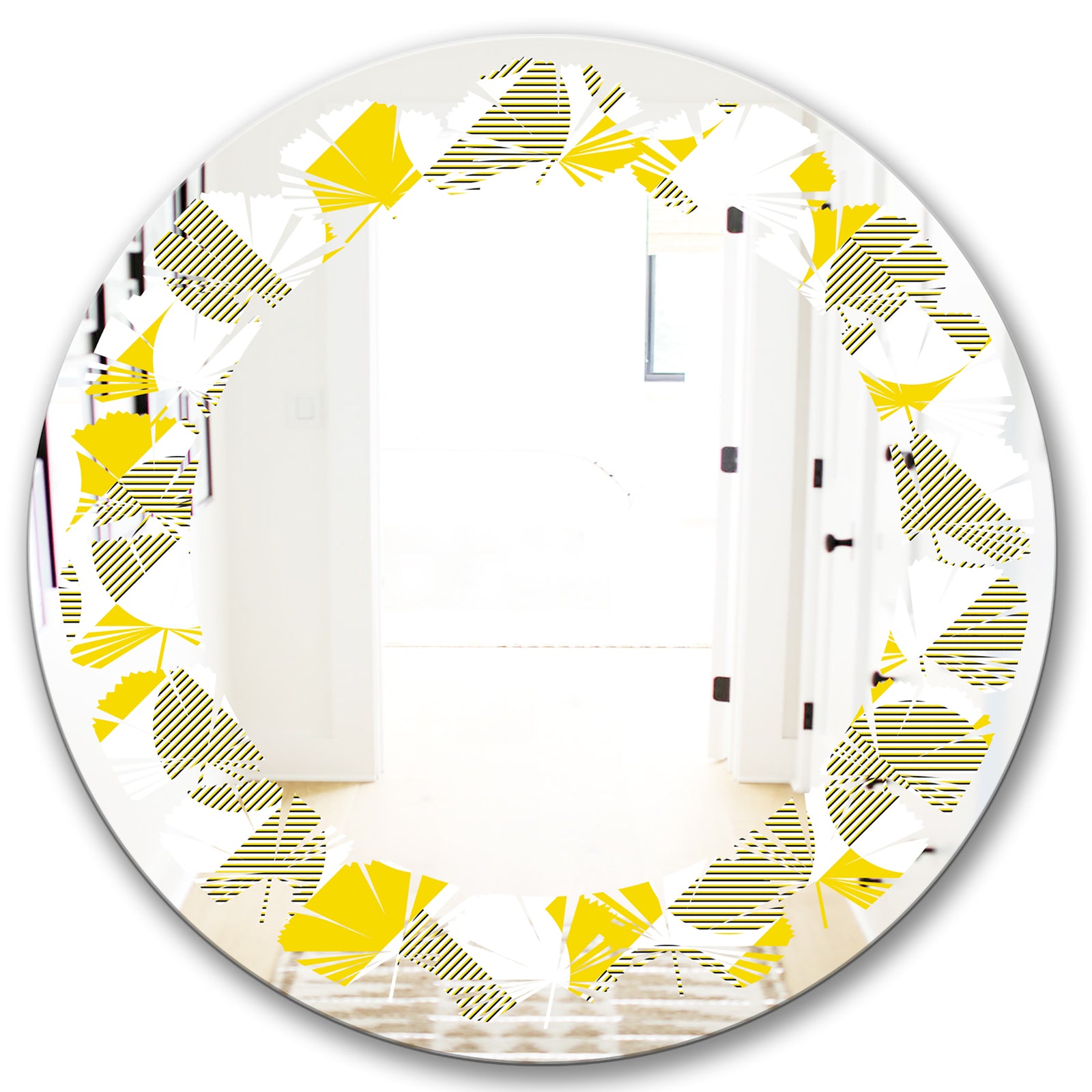 Abstract Retro Geometric II - Modern Round or Oval Wall Mirror - Leaves