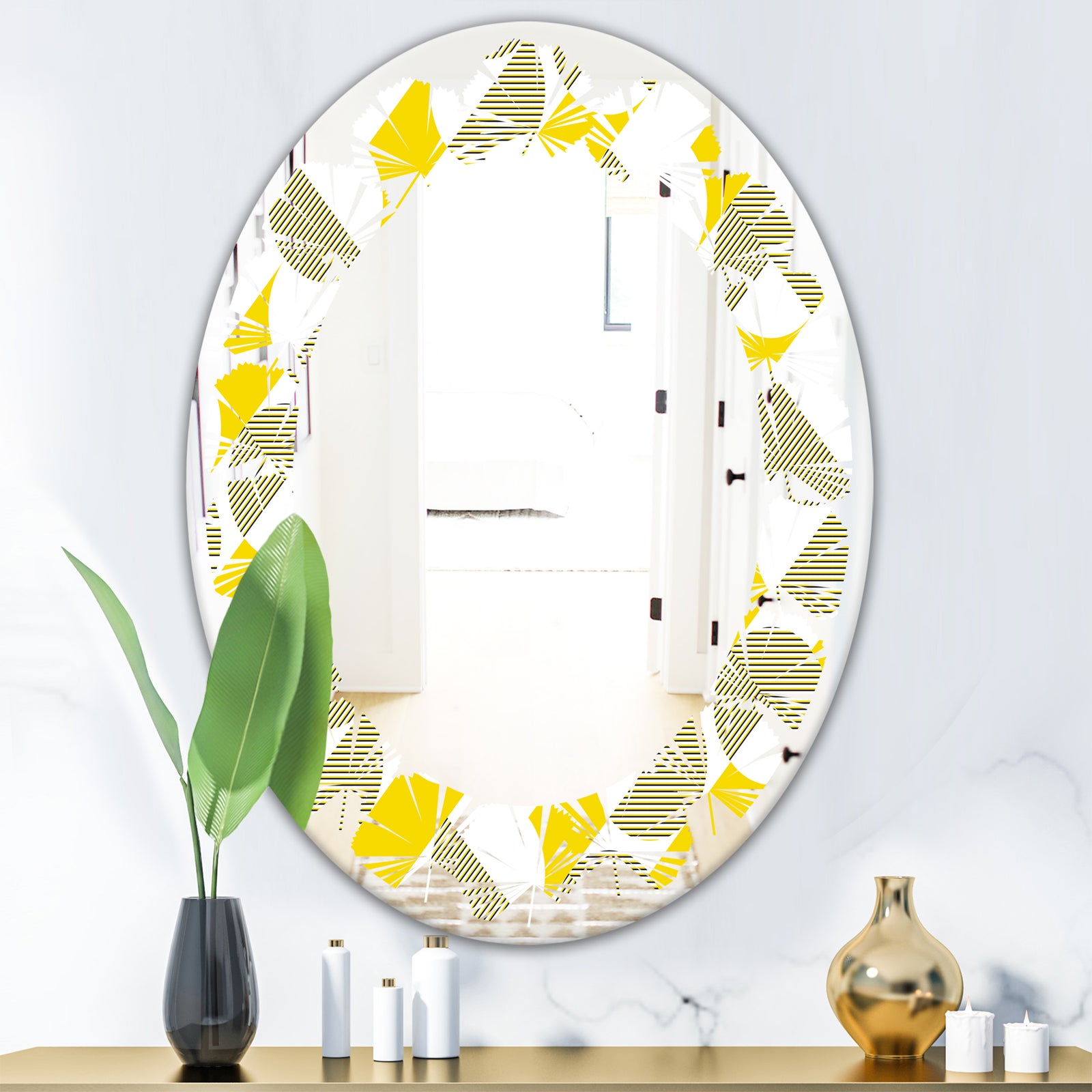 Abstract Retro Geometric II - Modern Round or Oval Wall Mirror - Leaves