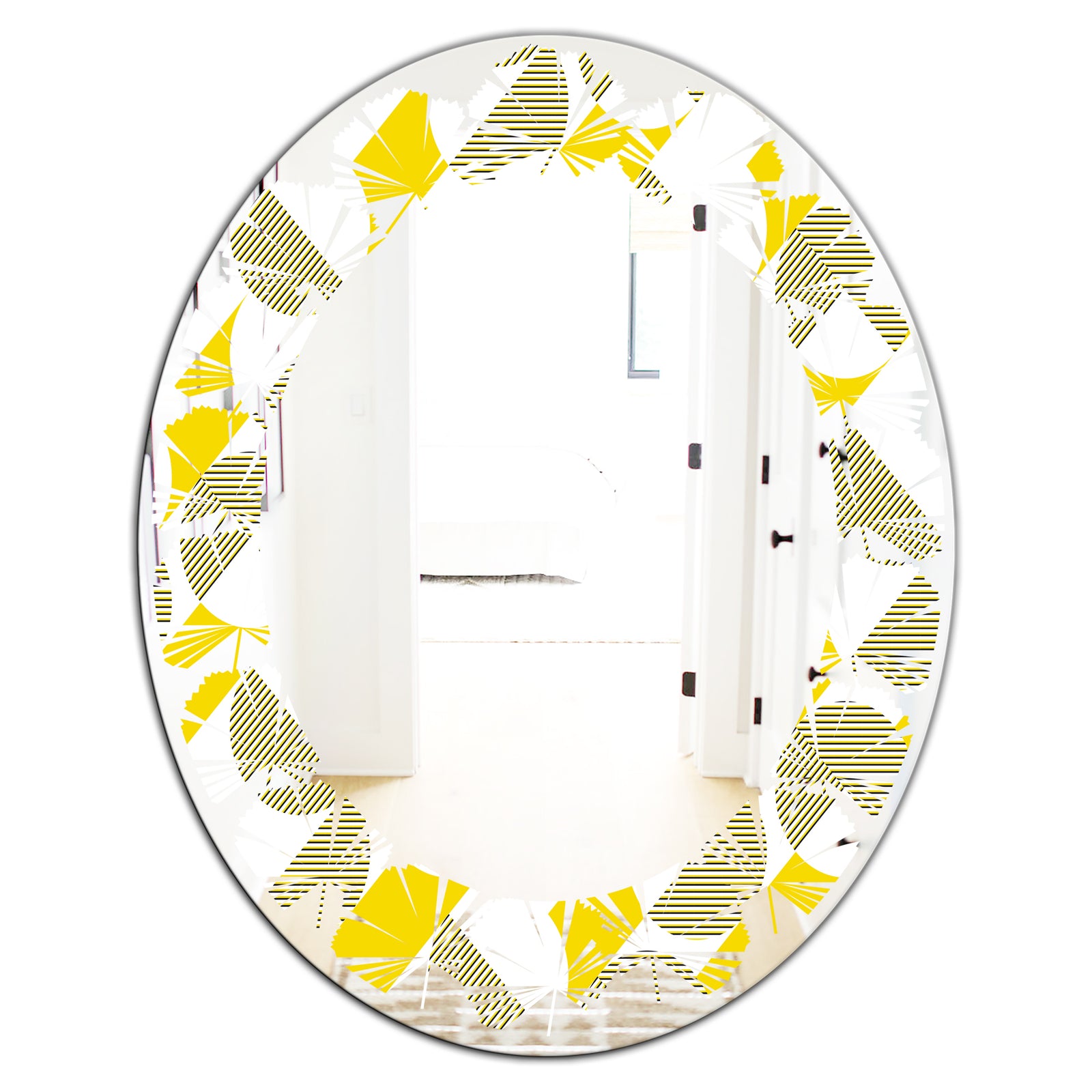 Abstract Retro Geometric II - Modern Round or Oval Wall Mirror - Leaves