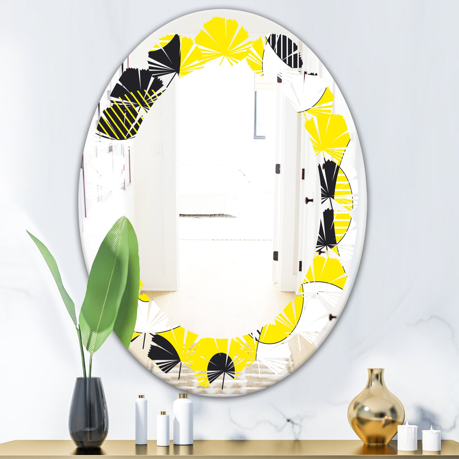 Circular Abstract Retro Geometric I - Modern Round or Oval Wall Mirror - Leaves