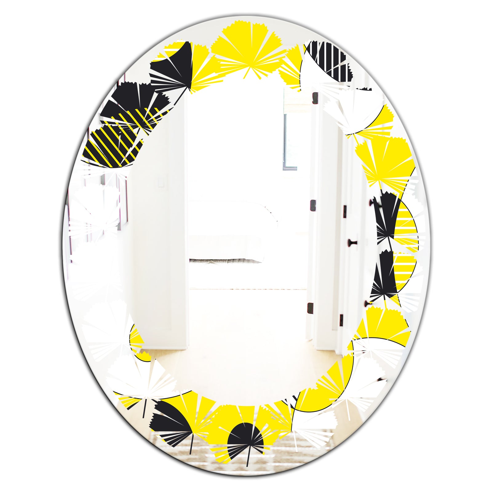 Circular Abstract Retro Geometric I - Modern Round or Oval Wall Mirror - Leaves