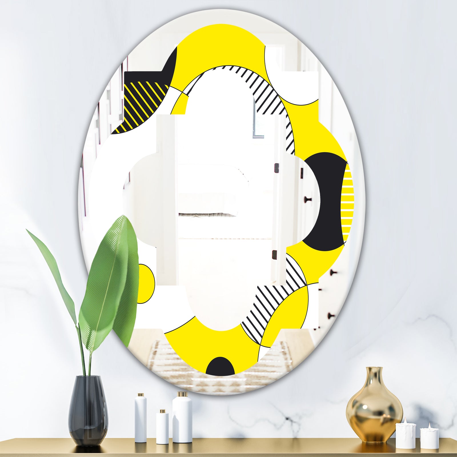 Circular Abstract Retro Geometric I - Modern Round or Oval Wall Mirror - Quatrefoil