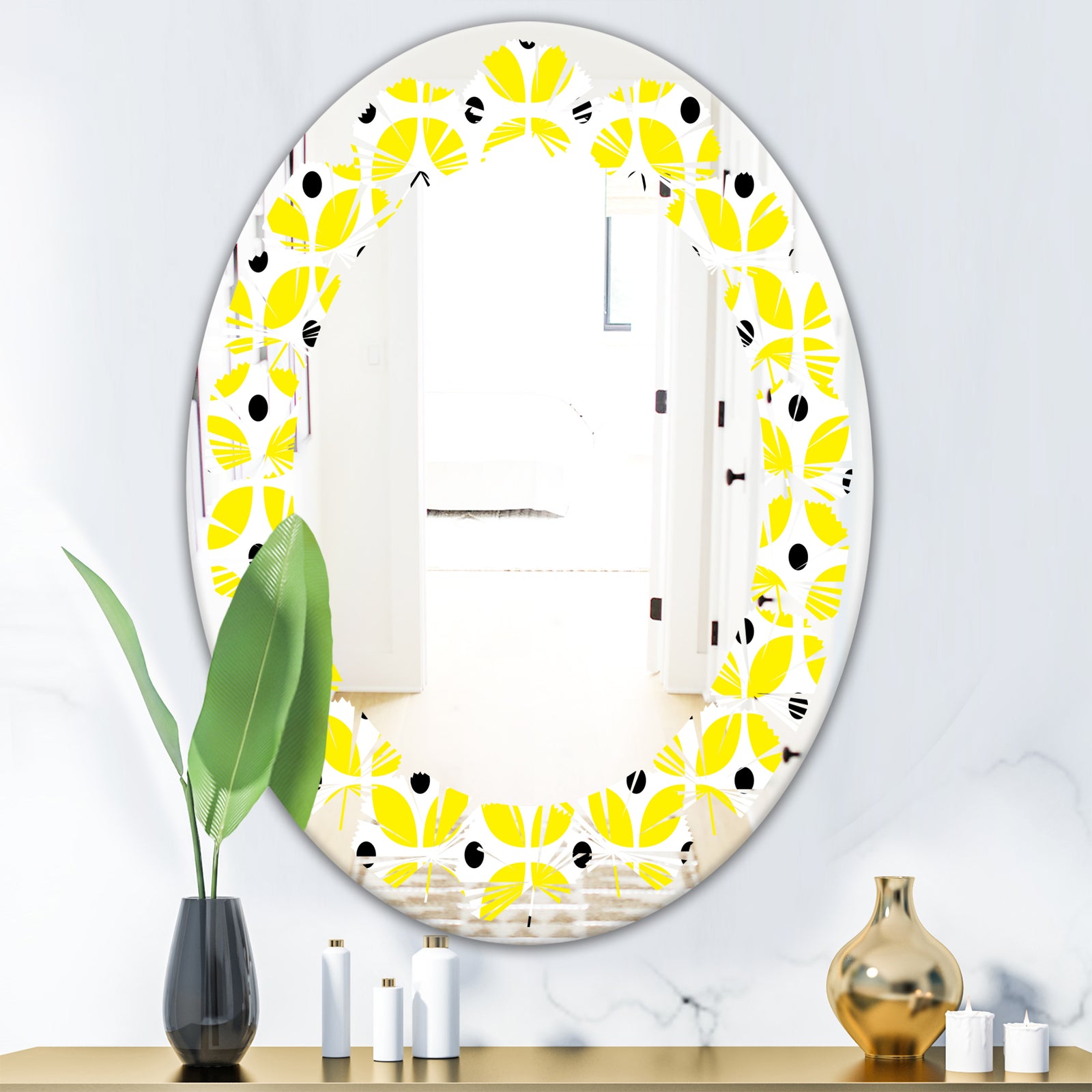Retro Geometric Design I - Modern Round or Oval Wall Mirror - Leaves