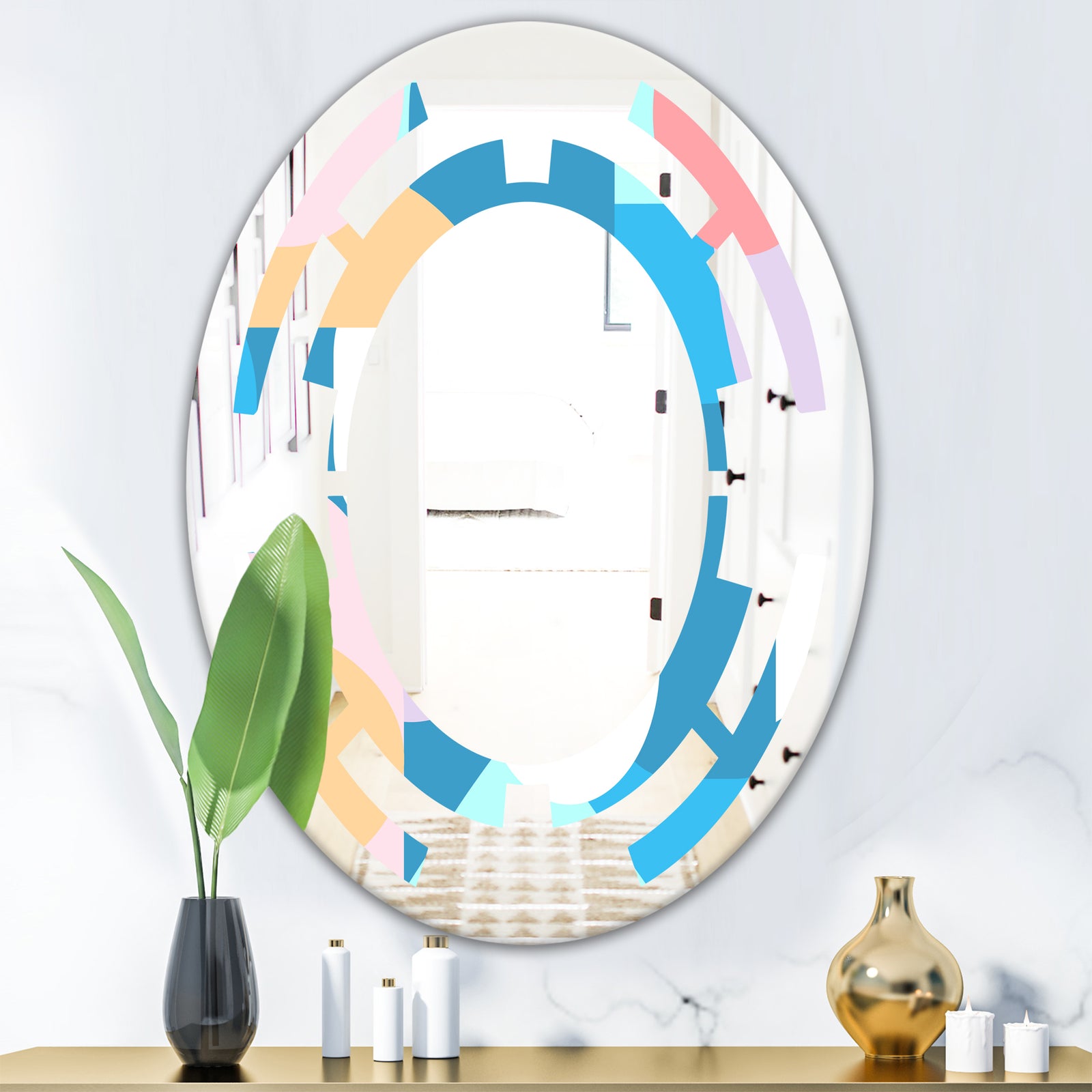Retro Geometrical Abstract Pattern II - Modern Round or Oval Wall Mirror - Space