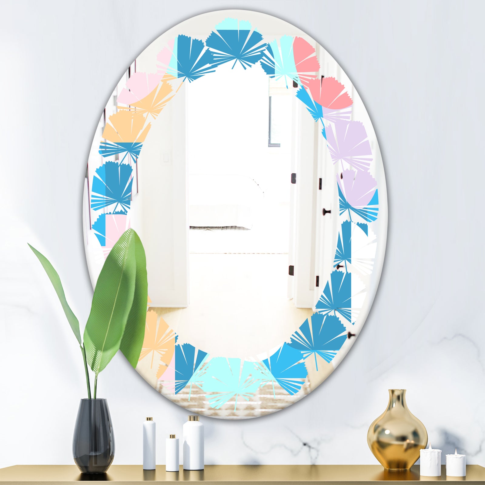 Retro Geometrical Abstract Pattern II - Modern Round or Oval Wall Mirror - Leaves