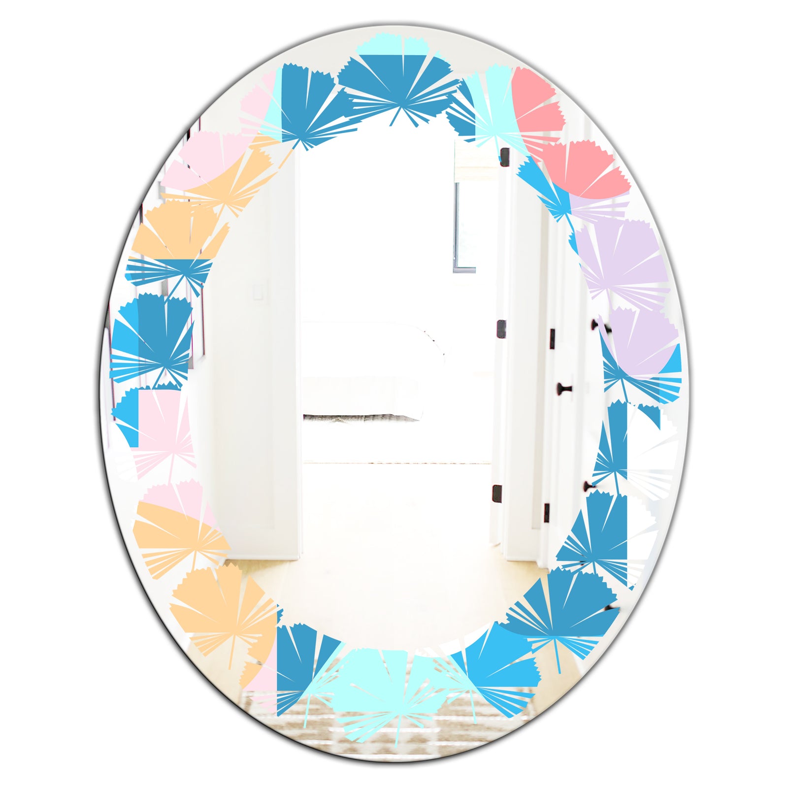 Retro Geometrical Abstract Pattern II - Modern Round or Oval Wall Mirror - Leaves