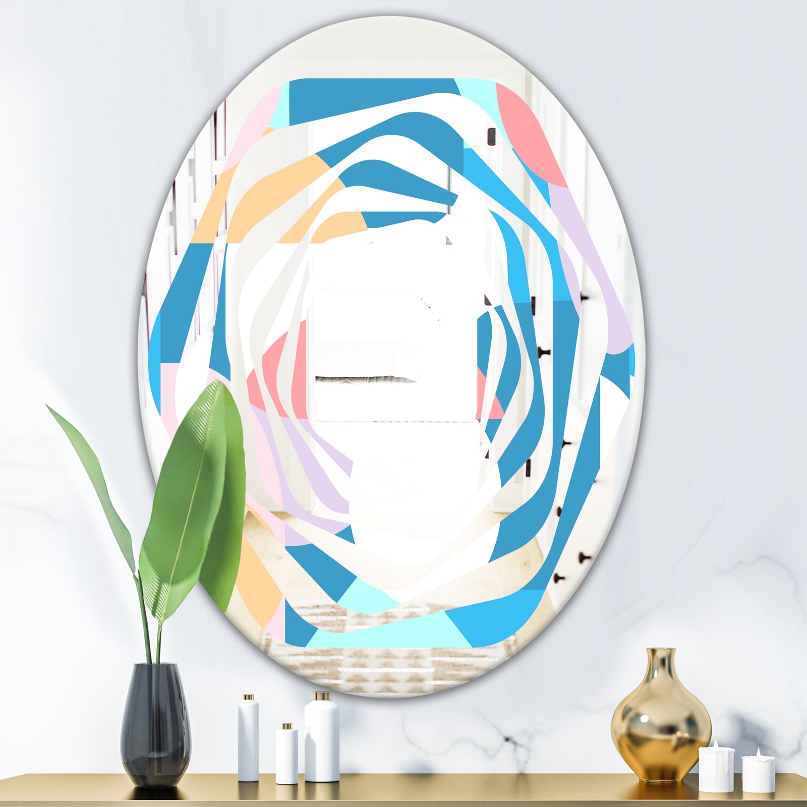 Retro Geometrical Abstract Pattern II - Modern Round or Oval Wall Mirror - Whirl