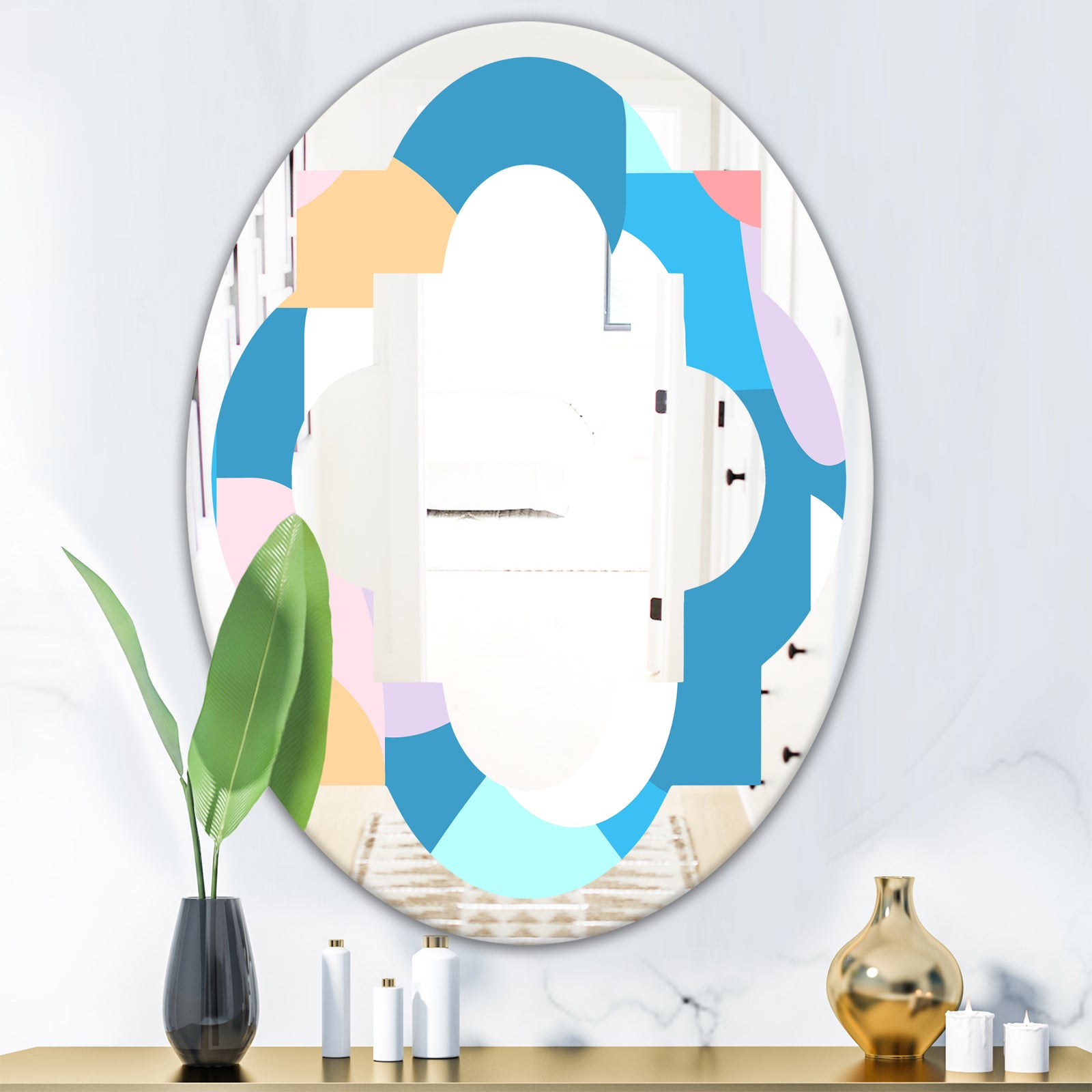 Retro Geometrical Abstract Pattern II - Modern Round or Oval Wall Mirror - Quatrefoil