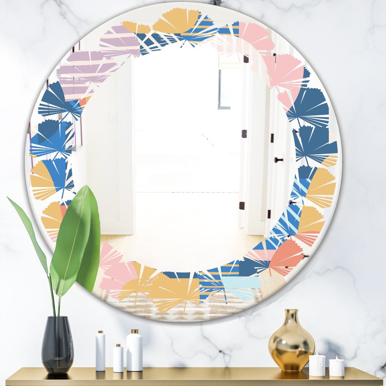 Modern geometric shapes pattern - Modern Round or Oval Wall Mirror - Leaves