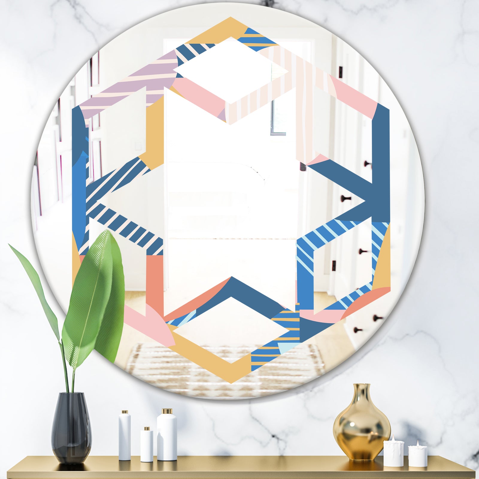 Modern geometric shapes pattern - Modern Round or Oval Wall Mirror - Hexagon Star