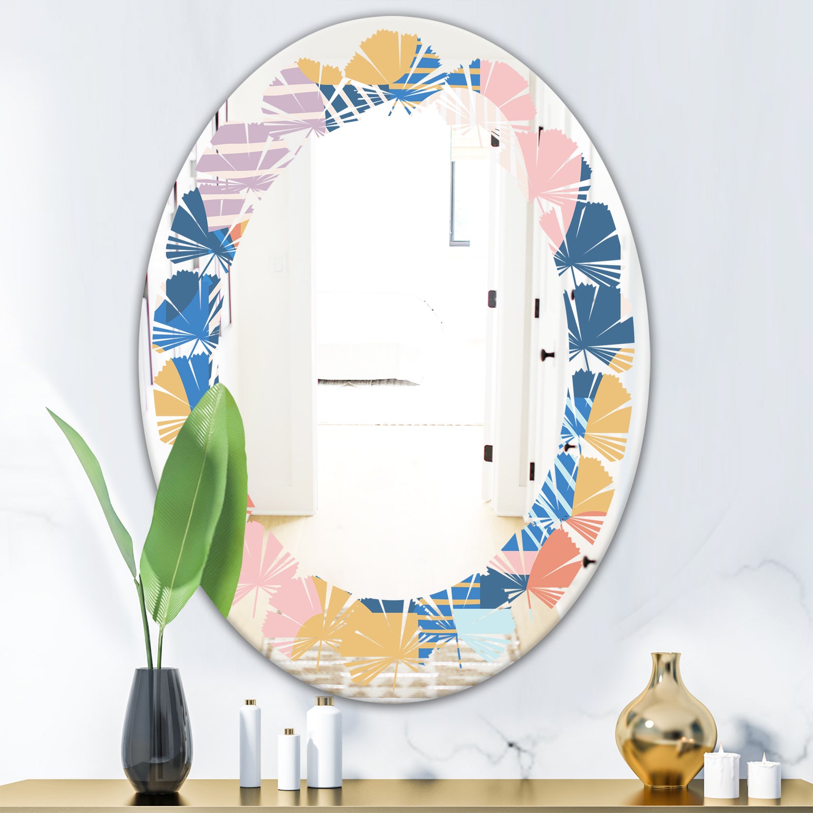 Modern geometric shapes pattern - Modern Round or Oval Wall Mirror - Leaves