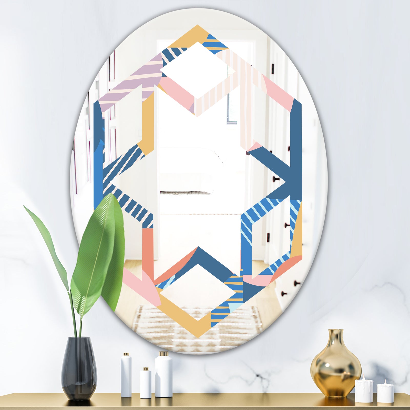 Modern geometric shapes pattern - Modern Round or Oval Wall Mirror - Hexagon Star